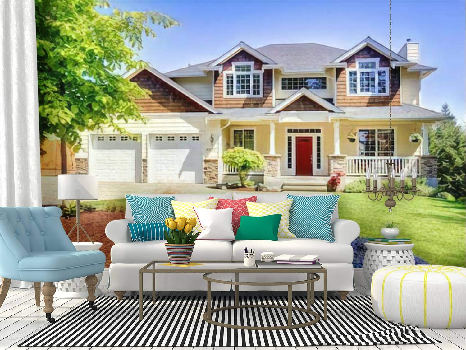1500x1125 Wall Mural Large American beautiful house with red door and two white garage Peel and Stick Wallpaper Self Adhesive Wallpaper Large Wall Sticker Removable Vinyl Film Roll Shelf Paper Home Decor