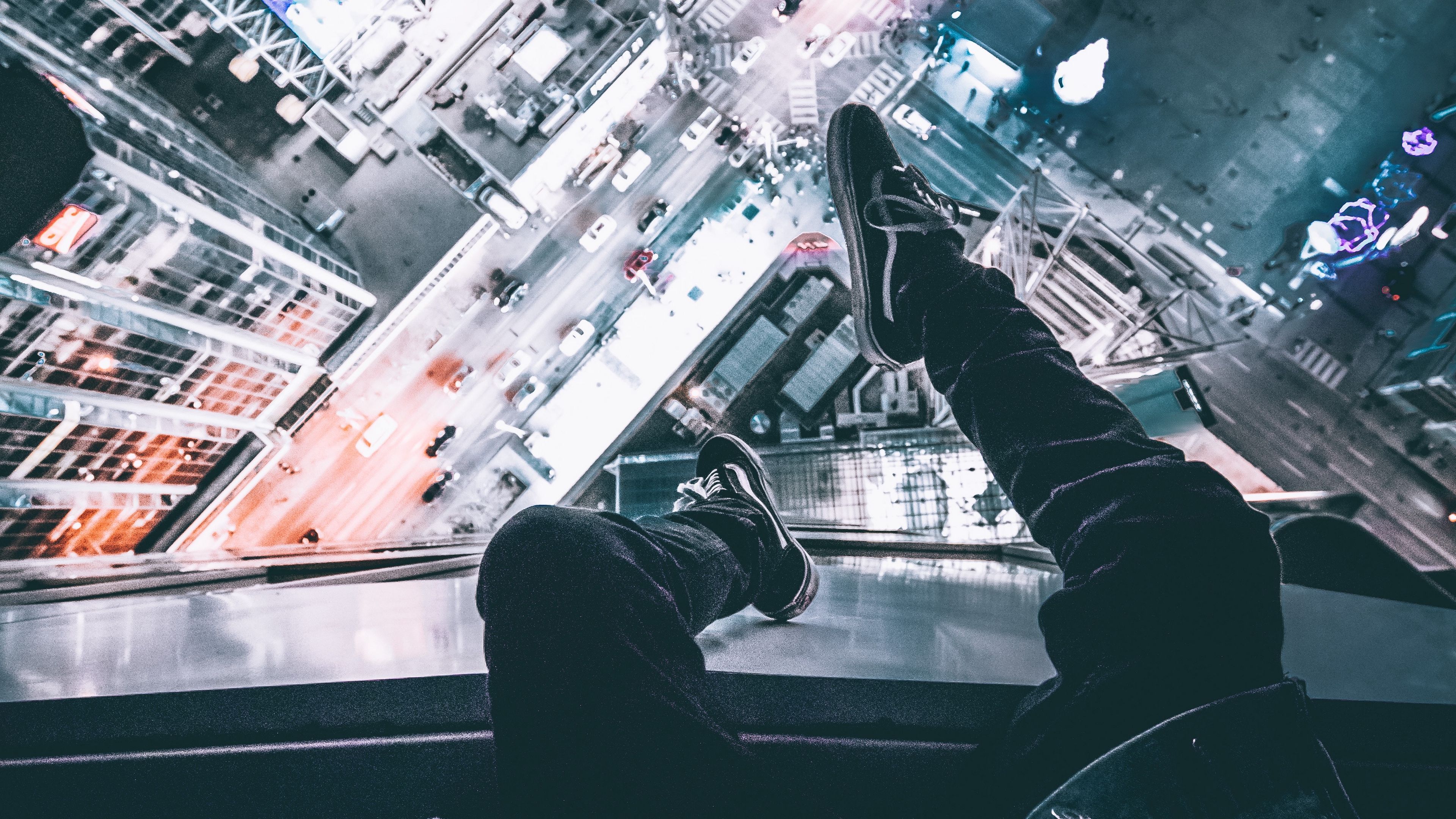 3840x2160 Wallpaper 4k night city, man, legs, top view, overview 4k Wallpaper