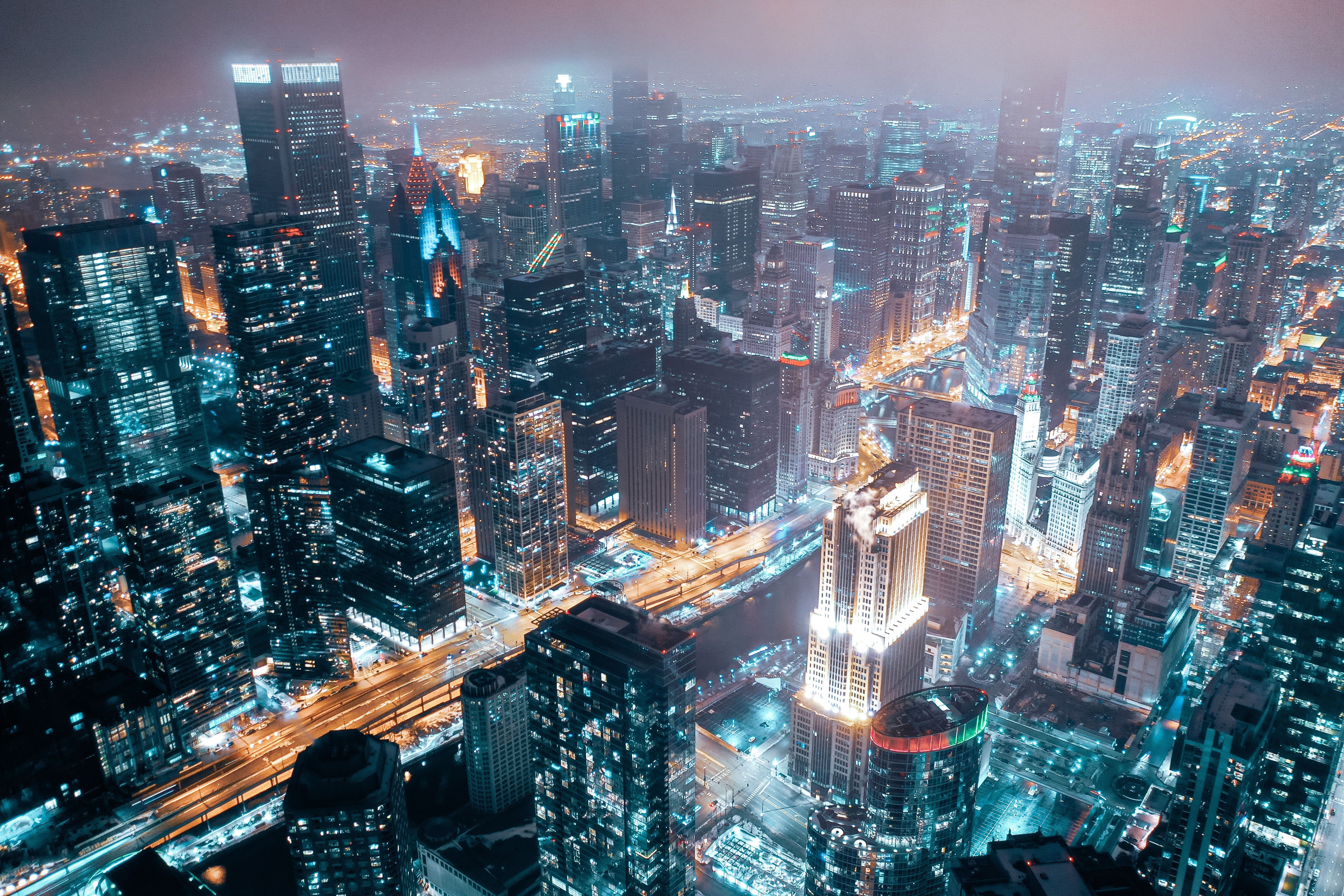 5472x3648 HD desktop wallpaper: Architecture, Lights, Overview, Cities, Building, View From Above, Night City, Review download free picture