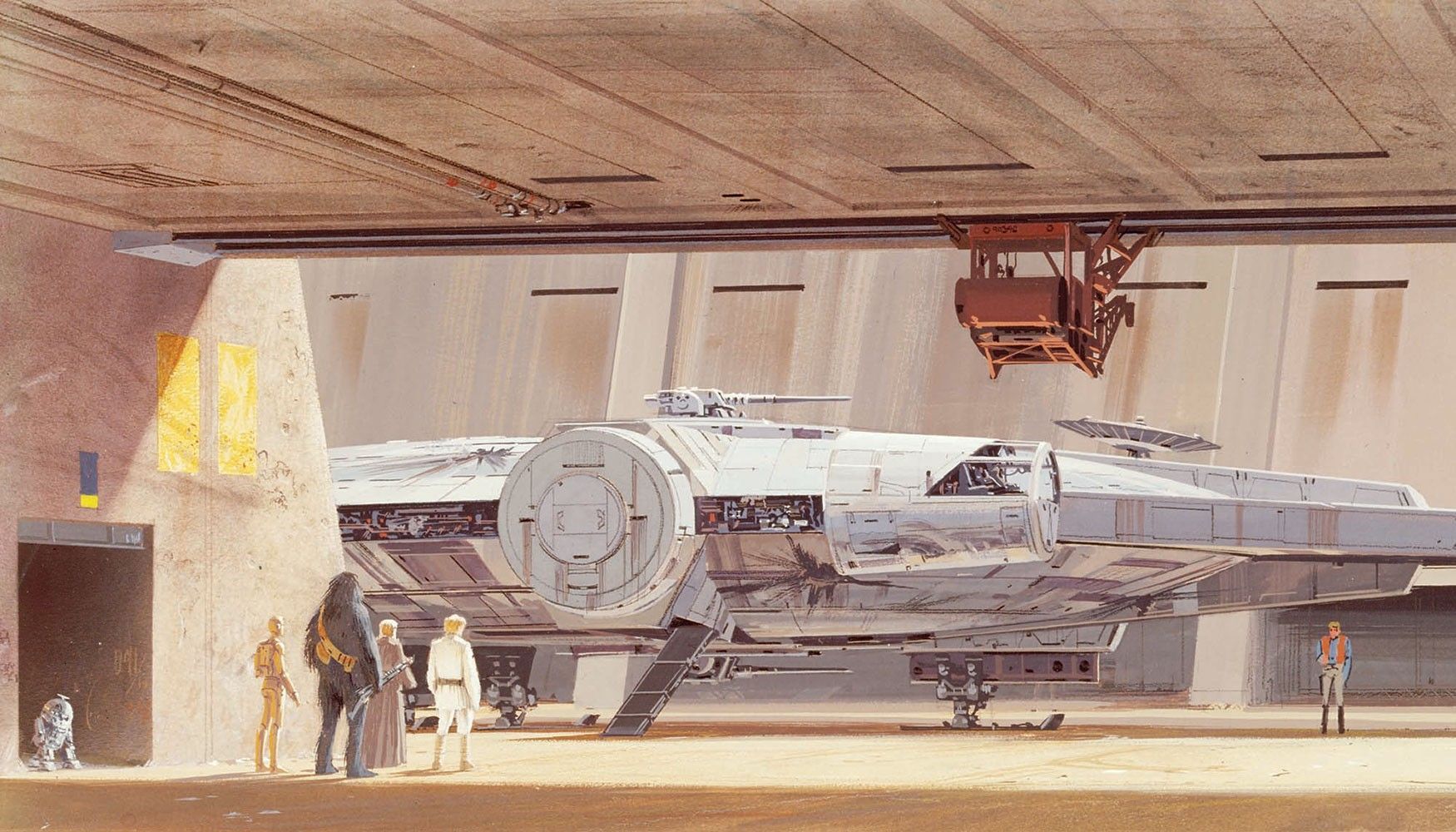 1750x1000 Ralph McQuarrie's Docking Bay Millennium Falcon Wallpaper Mural