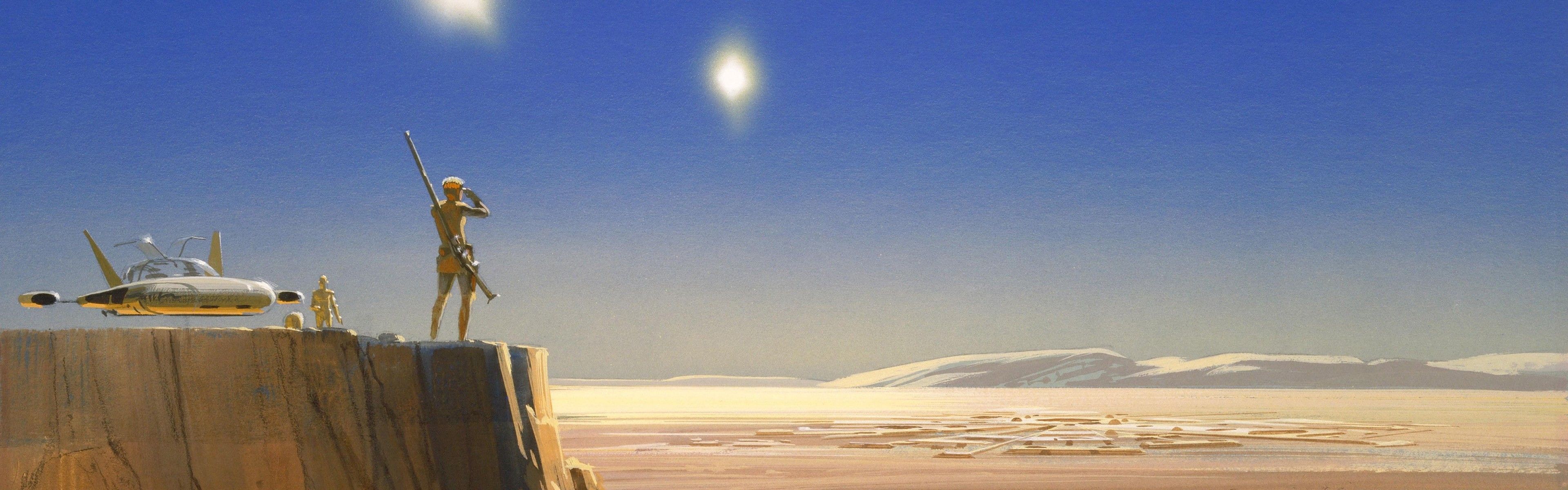 3840x1200 Wallpaper / concept art, artwork, desert, Ralph McQuarrie, multiple display, Tatooine, dual monitors, 4K, Star Wars free download