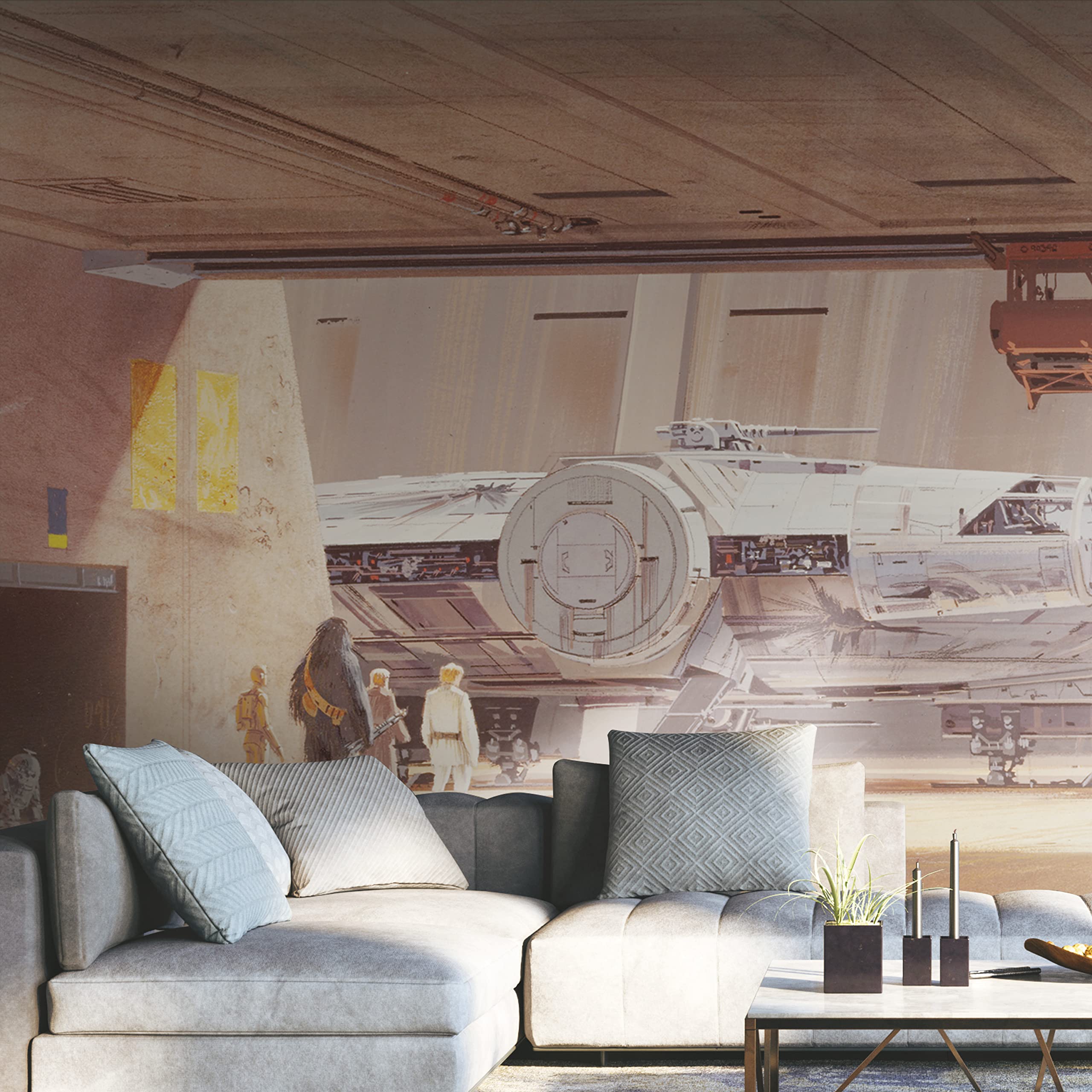 2560x2560 RoomMates RMK12200M Ralph Mcquarrie's Star Wars Docking Bay Millennium Falcon Mural Peel and Stick Wallpaper, beige, grey