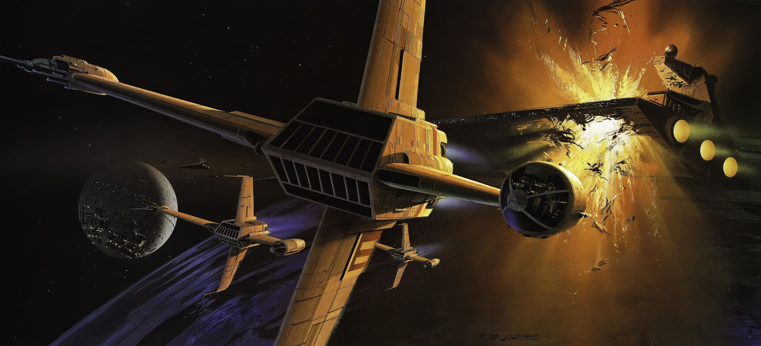2560x1163 Star Wars B Wing Star Destroyer Death Star Battle Artwork Ralph McQuarrie Explosion Wallpaper:2560x1163