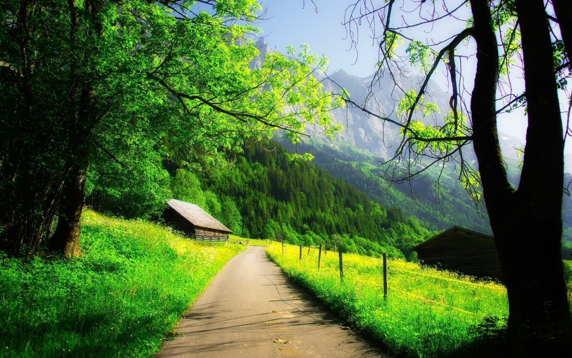 1920x1200 Wallpaper Beautiful spring, mountain, house, trees, road, green 1920x1200 HD Picture, Image
