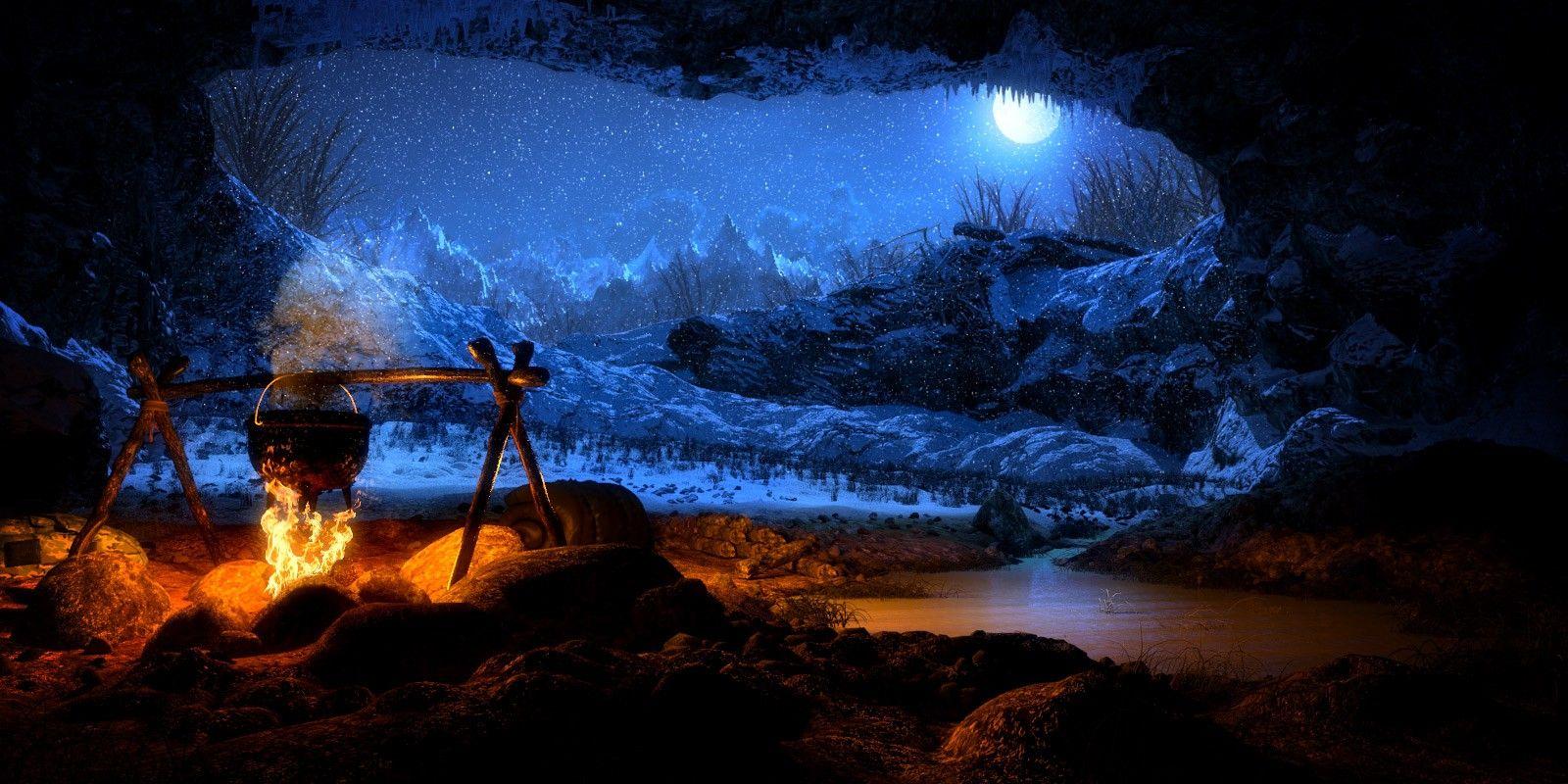 1600x800 Moonlight Tag wallpaper: Blue Moonlight Winter Paintings