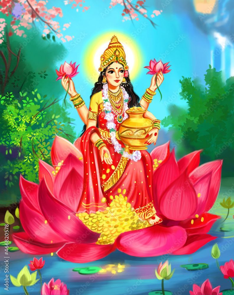 792x1000 Indian God Laxmi mata Illustration on Lotus Flower Stock Illustration