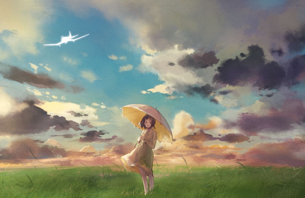 1232x800 aircraft brown hair clouds dress grass kaze tachinu landscape scenic short hair shouin sky umbrella. konachan.com. Anime scenery, Ghibli artwork, Anime