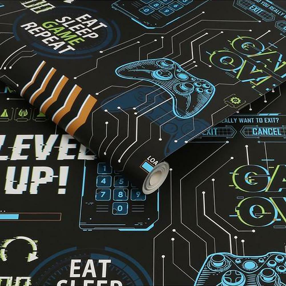1002x1000 Game Over Wallpaper Fresco Black Multicoloured Blue Green Boys Kids Gamer 5011583464641