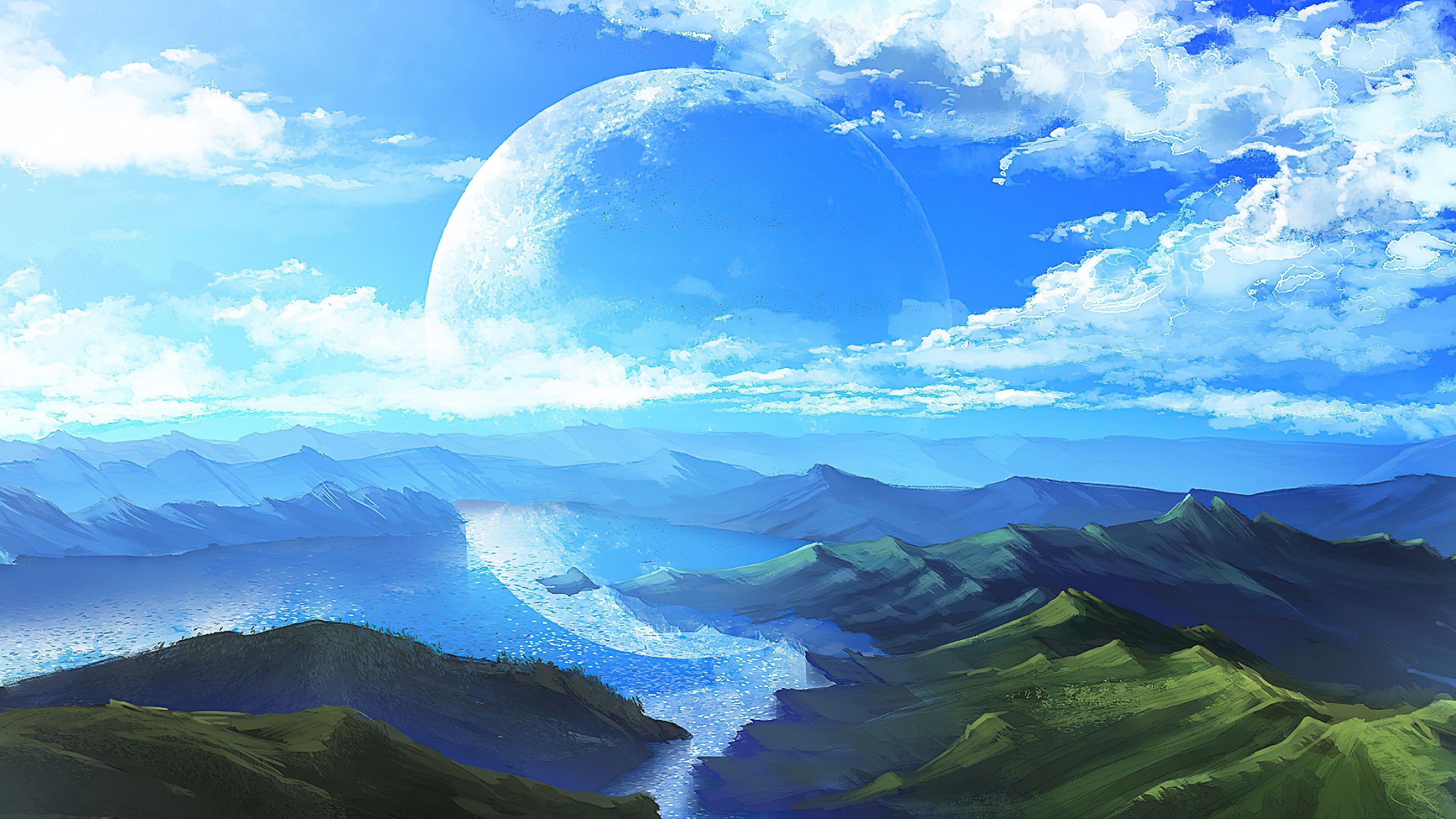 3840x2160 wallpaper, anime, sky, moon, cloudsscenery, landscape, , 4k, HD Gallery HD Wallpaper