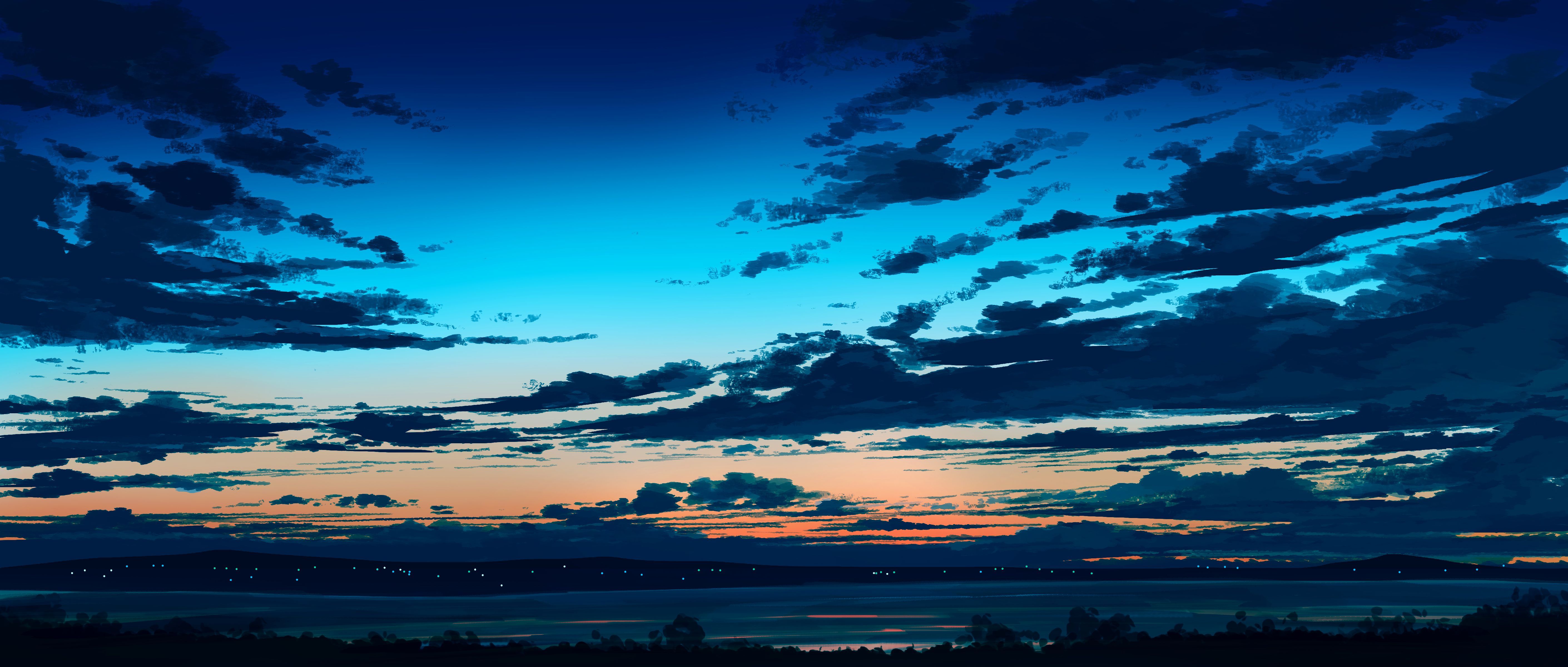 5640x2400 anime, anime sky, artwork, clouds, sky, sunset, silhouettex2400 Wallpaper