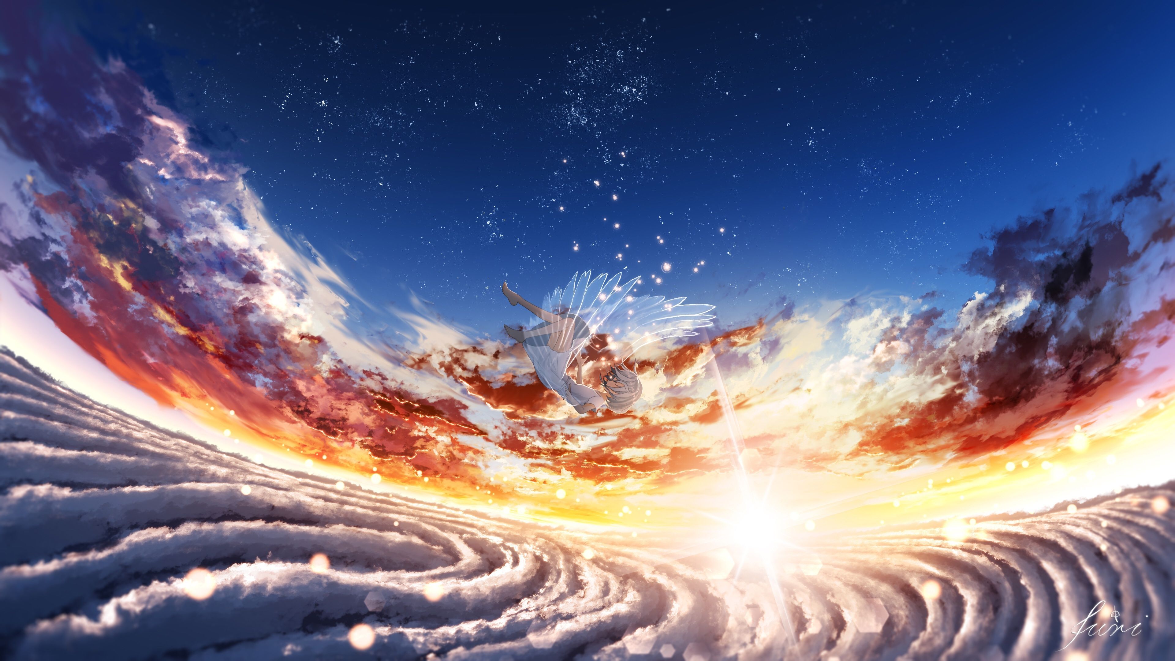 3840x2160 HD desktop wallpaper: Anime, Sky, Sunrise, Angel, Cloud download free picture