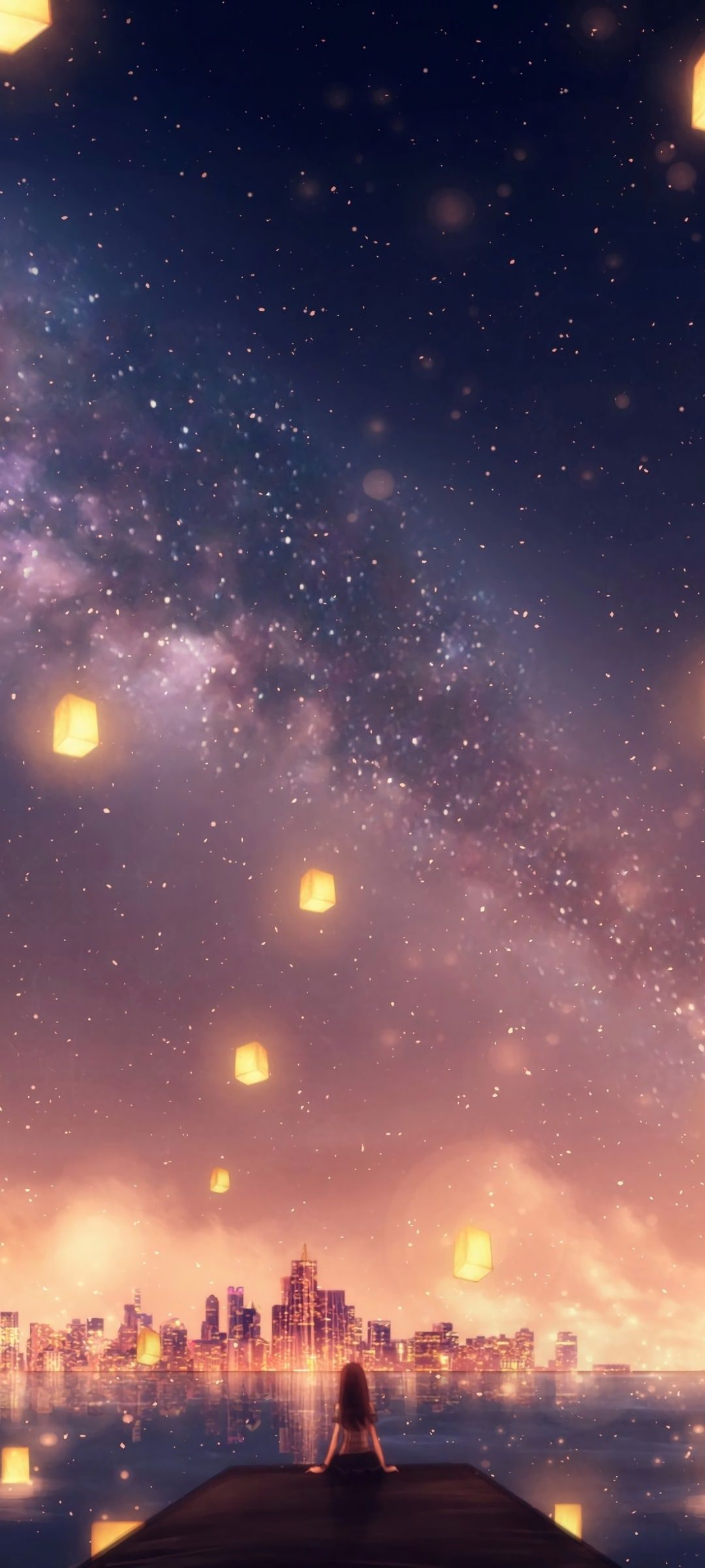 1080x2400 Wallpaper / Anime Sky Phone Wallpaper, Lantern, City, Stars, 1080x2400 free download