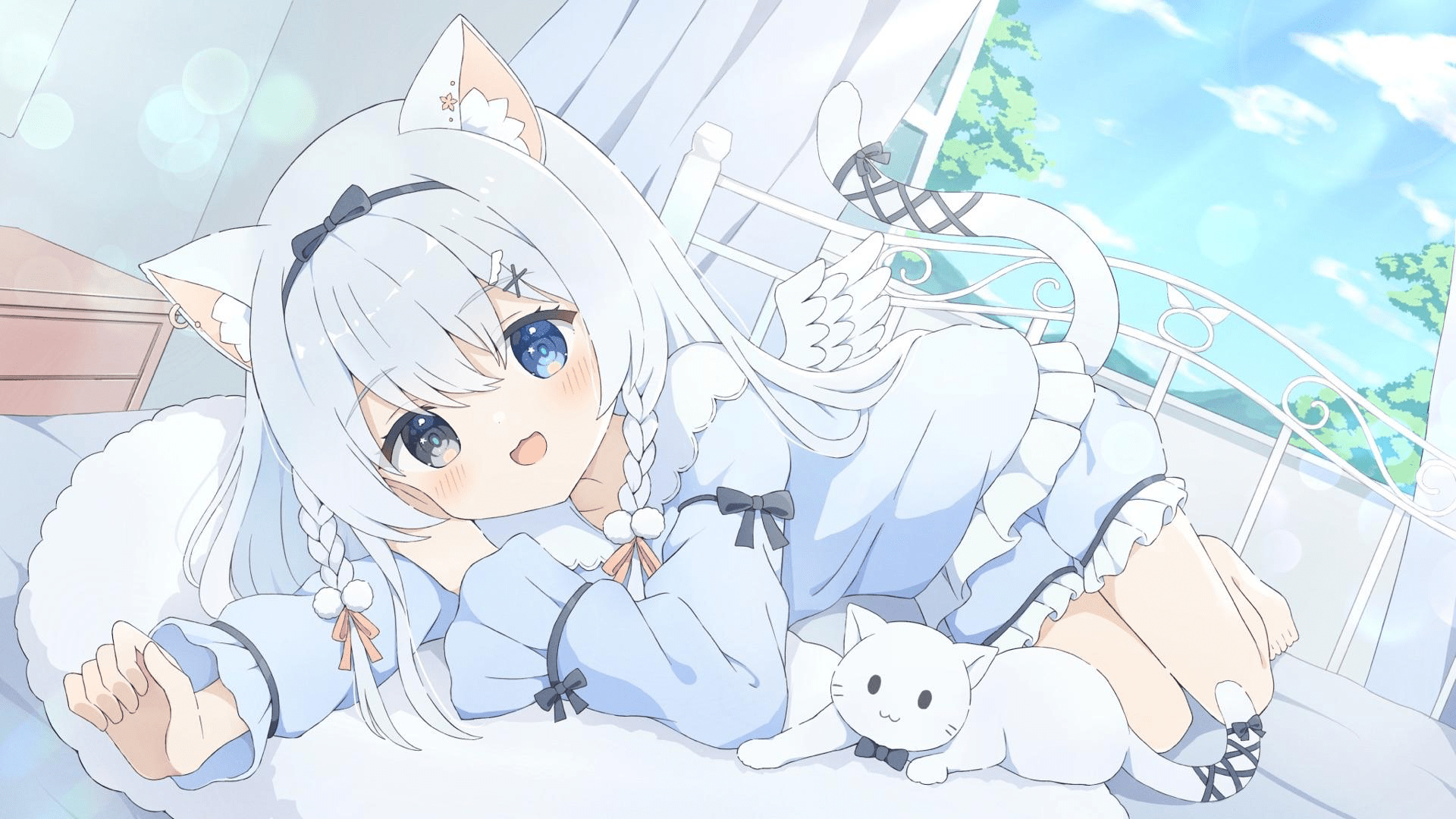 1920x1080 Anime Anime Girls Cat Girl Cat Ears Cat Tail Heterochromia Blushing Braids Braided Hair Wings Cats S Wallpaper:1920x1080