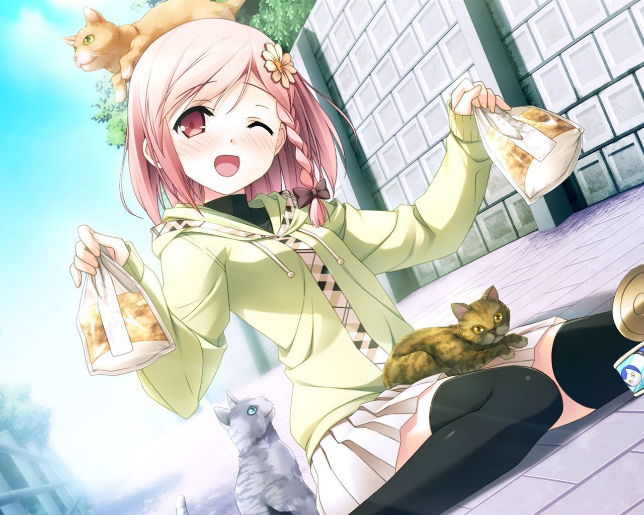 1280x1024 Wallpaper Anime girl with cat 1920x1080 Full HD 2K Picture, Image
