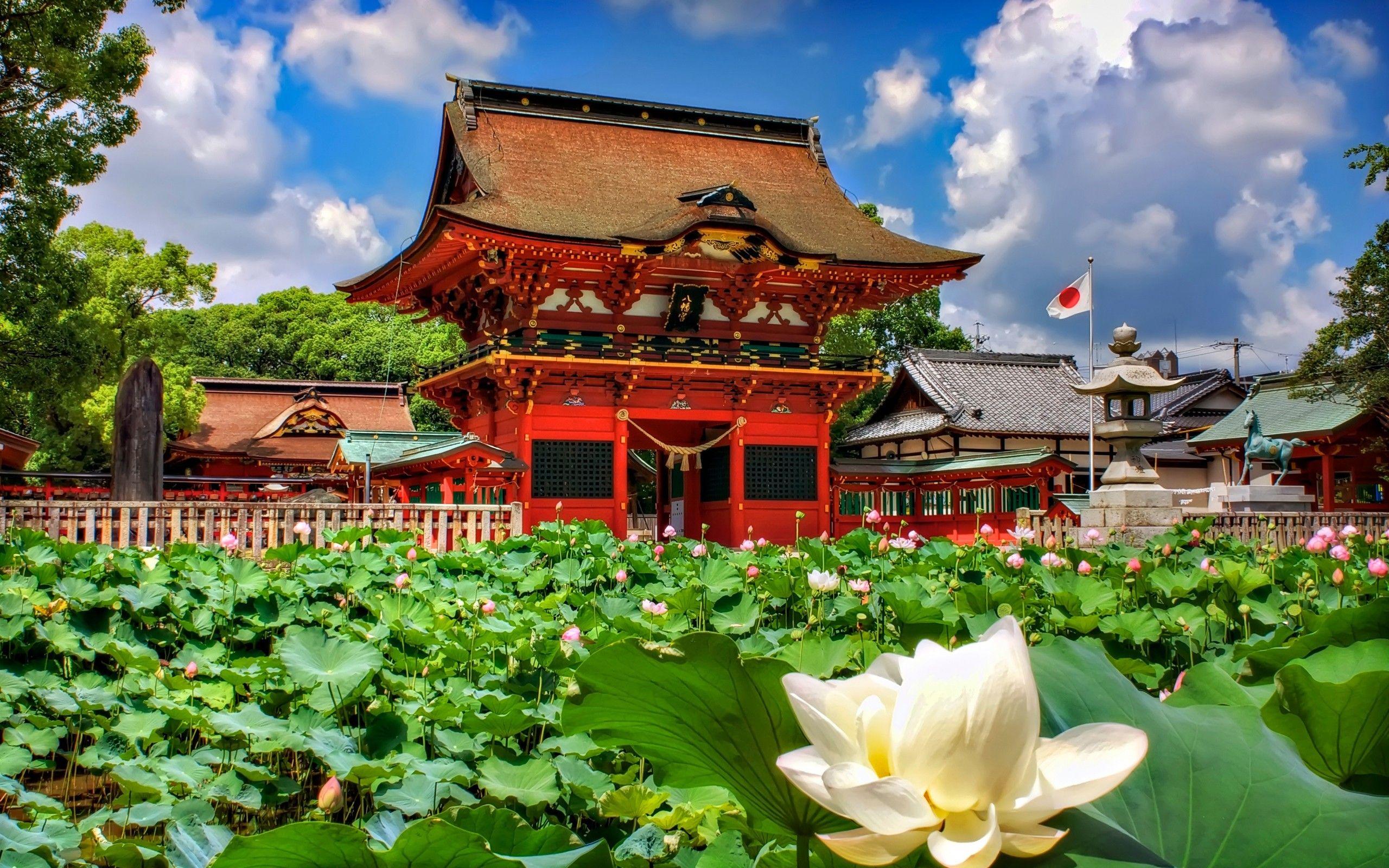 2560x1600 Houses: Japanese Paradise Flowers Sky Nature Architecture Lotus