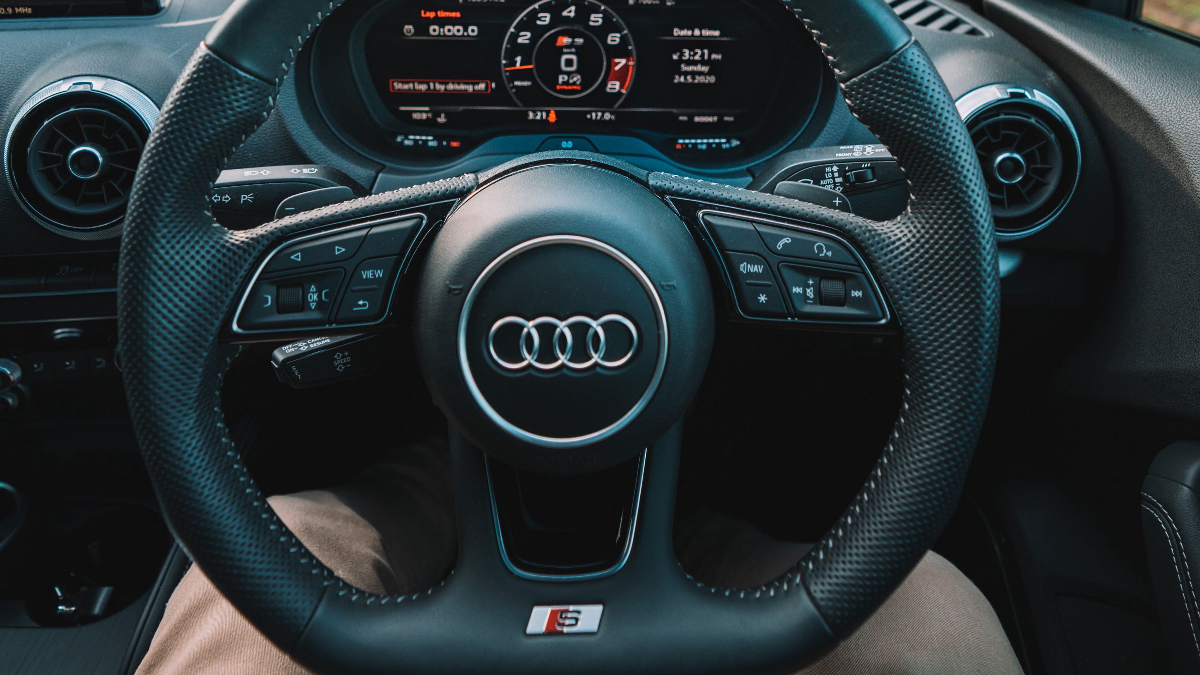3840x2160 Wallpaper / audi, interior, steering wheel, speedometer, legs, 4k free download