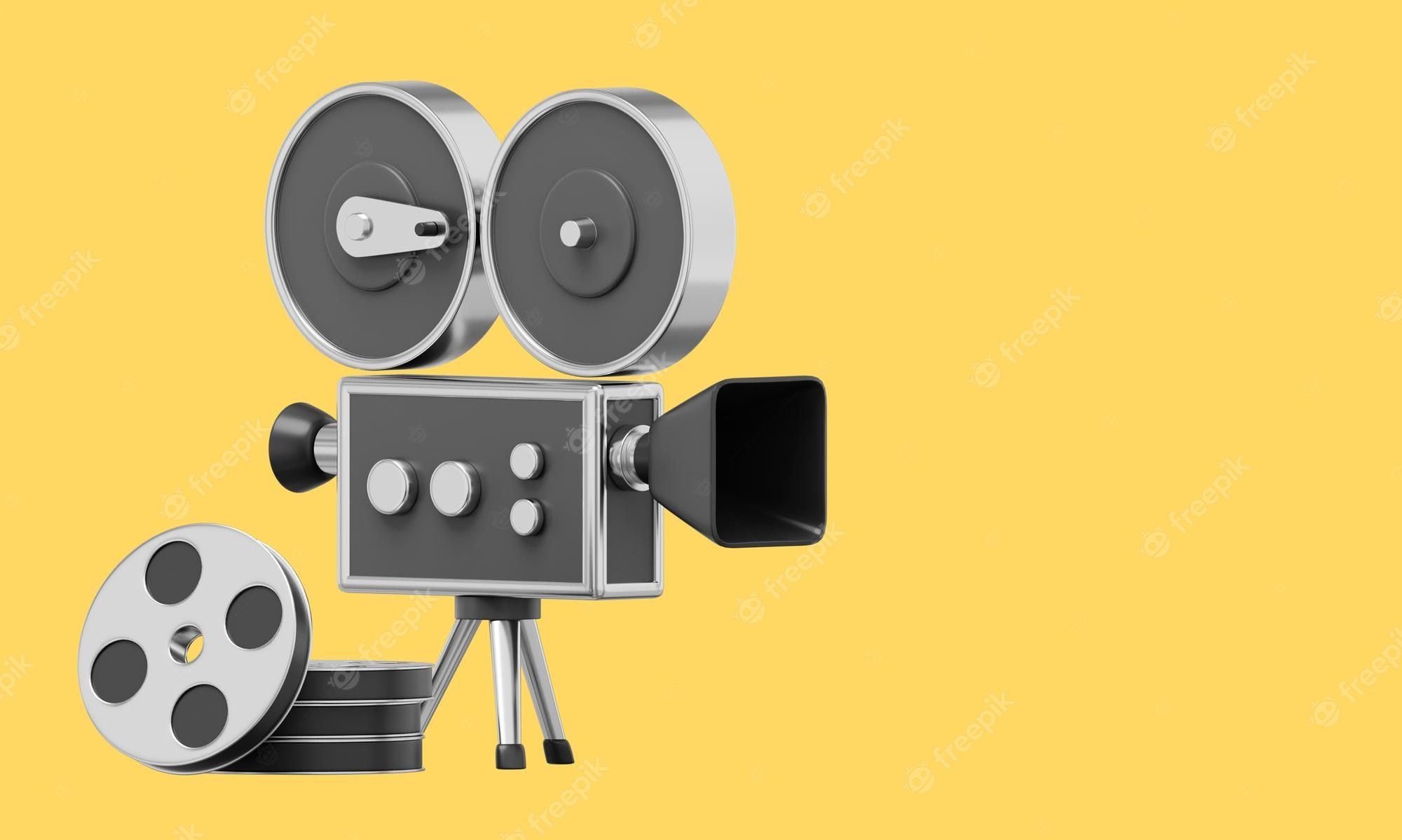 2000x1199 Premium Photo. Vintage black cartoon style movie camera funny retro video camera 3D rendering icon on yellow background text space