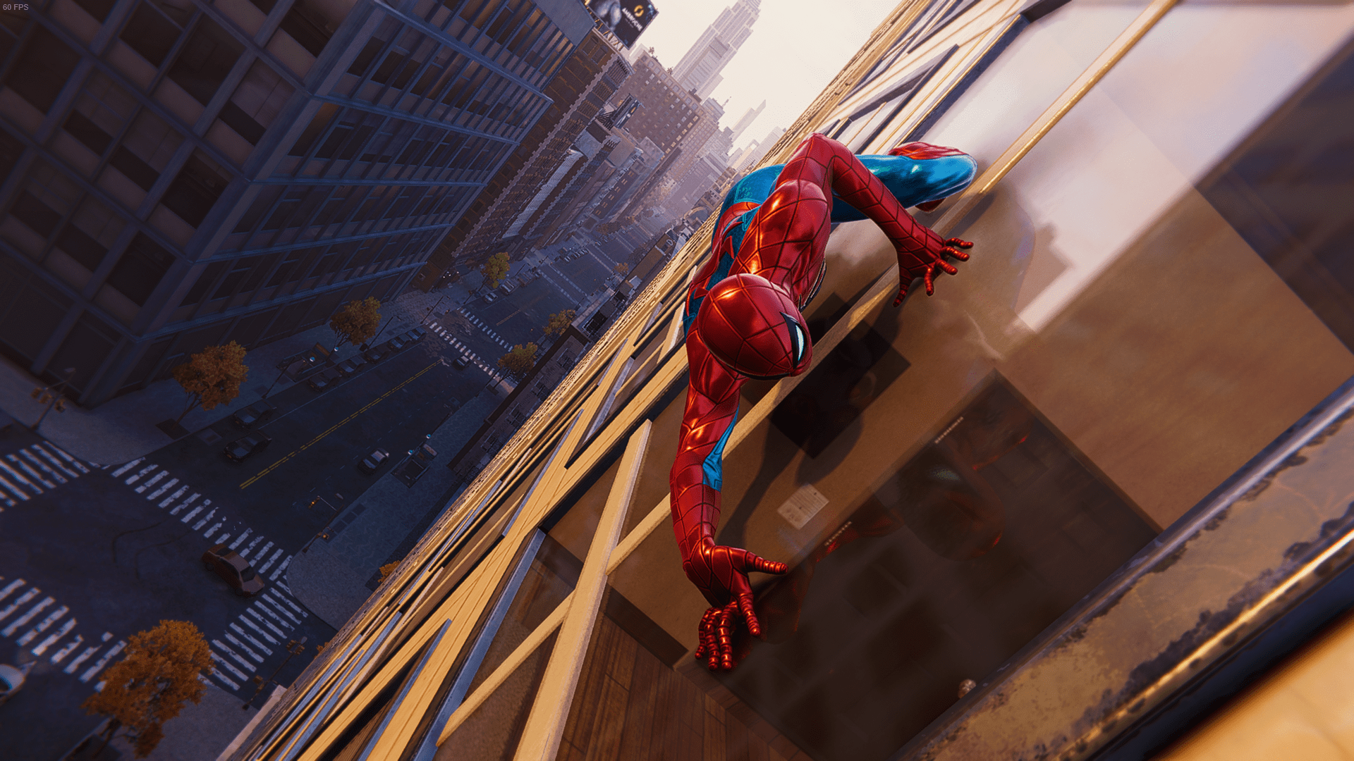 1920x1080 Spider Man Spider Man 2018 PlayStation Marvel Comics Bodysuit Reflection Building Street Sunset Glow Wallpaper:1920x1080