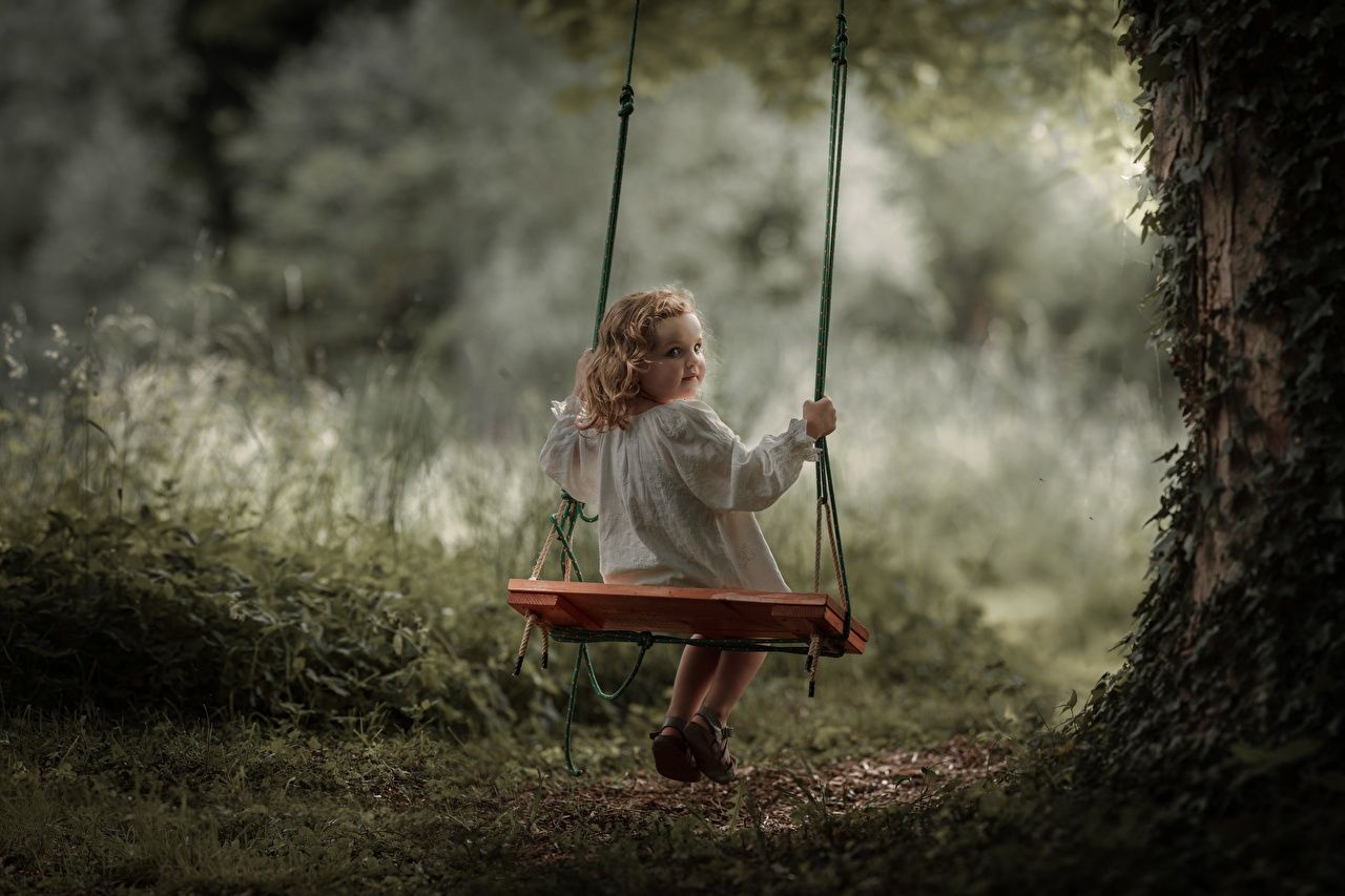 1280x853 image Little girls Swing blurred background child sit Staring