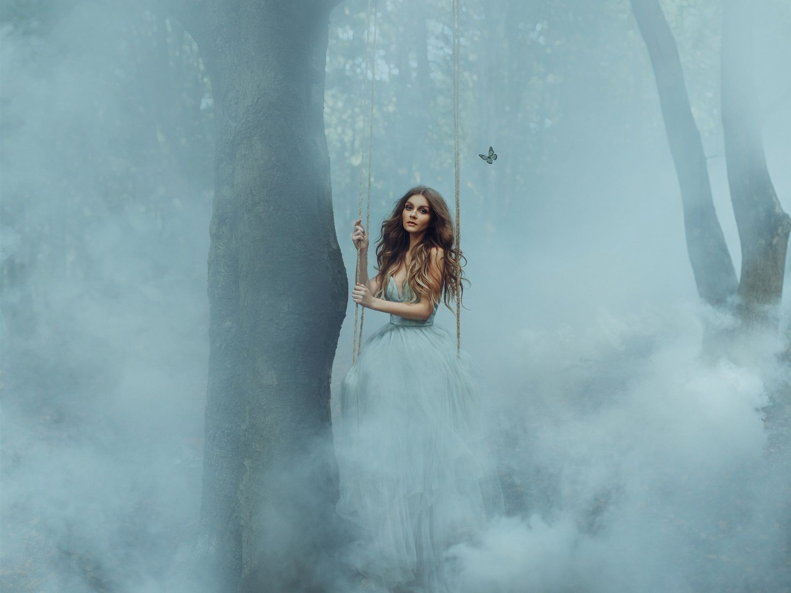 1600x1200 Wallpaper Girl play the swing in the forest, fog, butterfly 1920x1440 HD Picture, Image