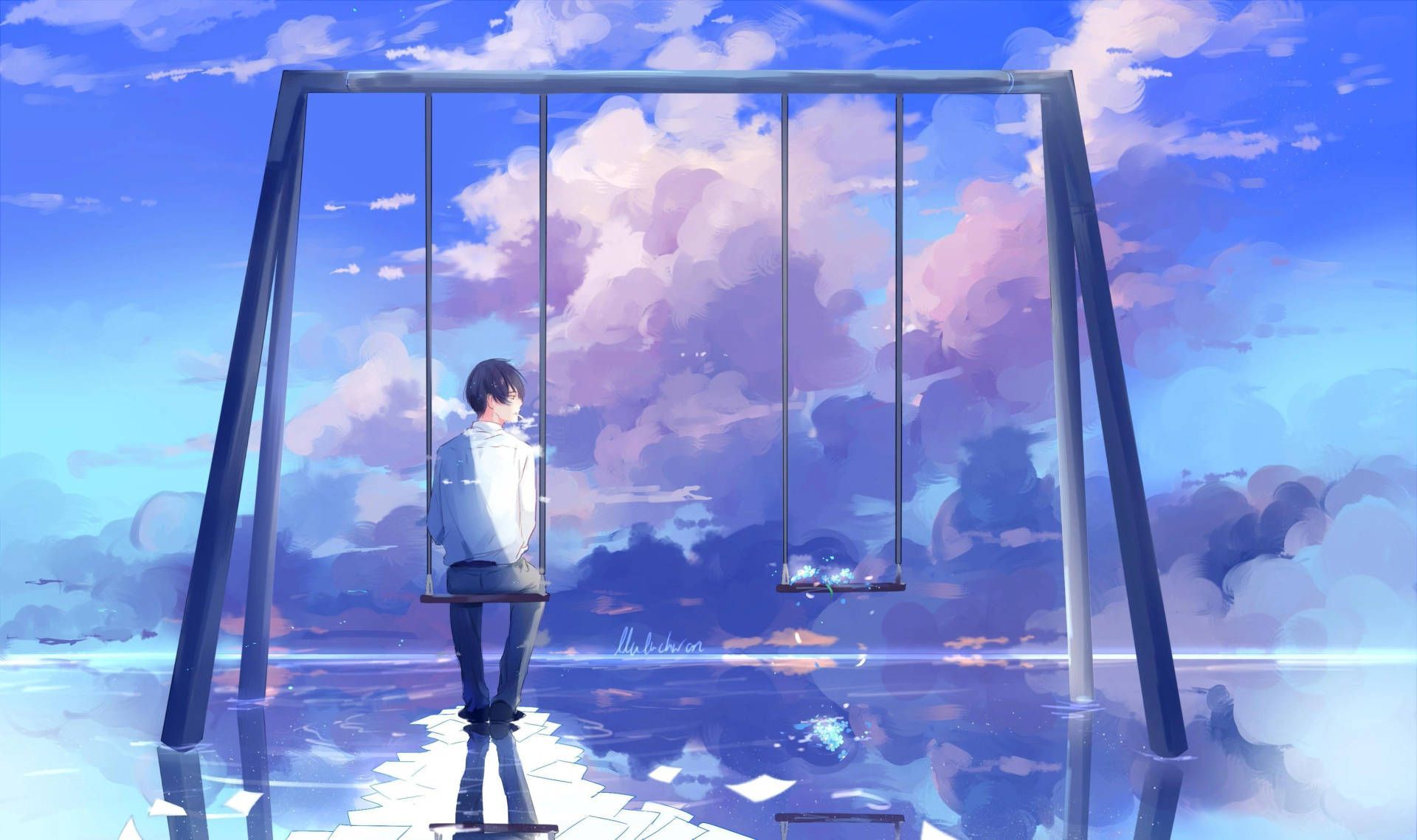 1920x1139 Download On The Swing Alone Boy Anime Wallpaper