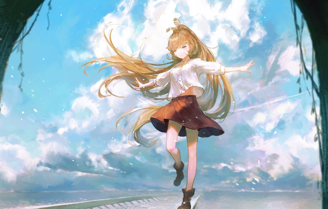 1332x850 Download wallpaper the sky, water, girl, rails, hololive, virtual youtuber, Nanashi Mumei, section art in resolution 1024x1024