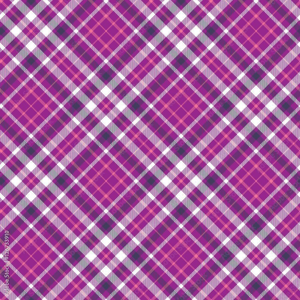 1000x1000 Seamless tartan plaid pattern. Vector checkered wallpaper print. Tartan design in pink, dark purple & white stripes on fuchsia pink background. Stock Vector