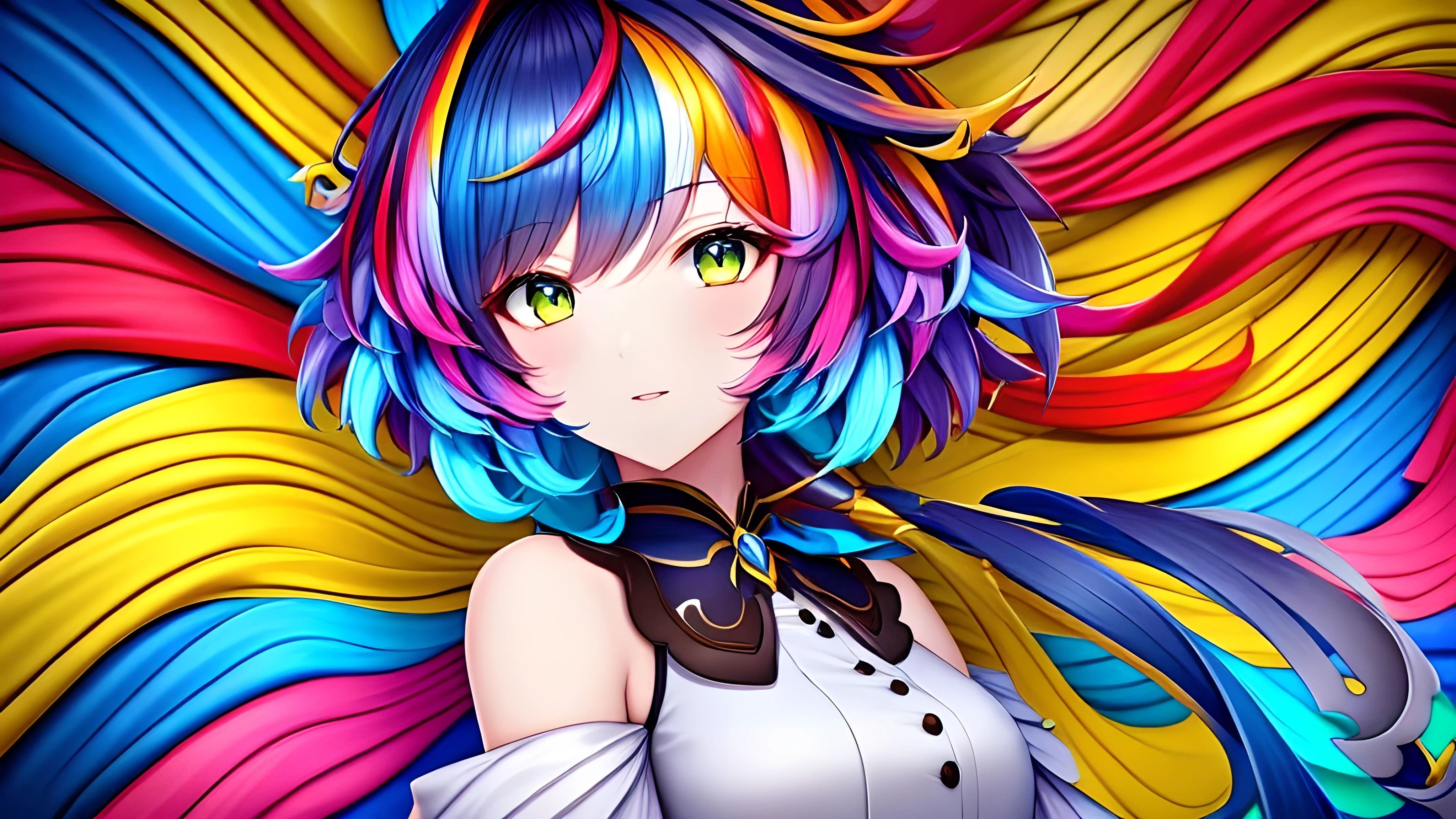 4096x2304 anime girl, colorfull hair, green eyes, charming hair, perfect face, sweet smile, 4k