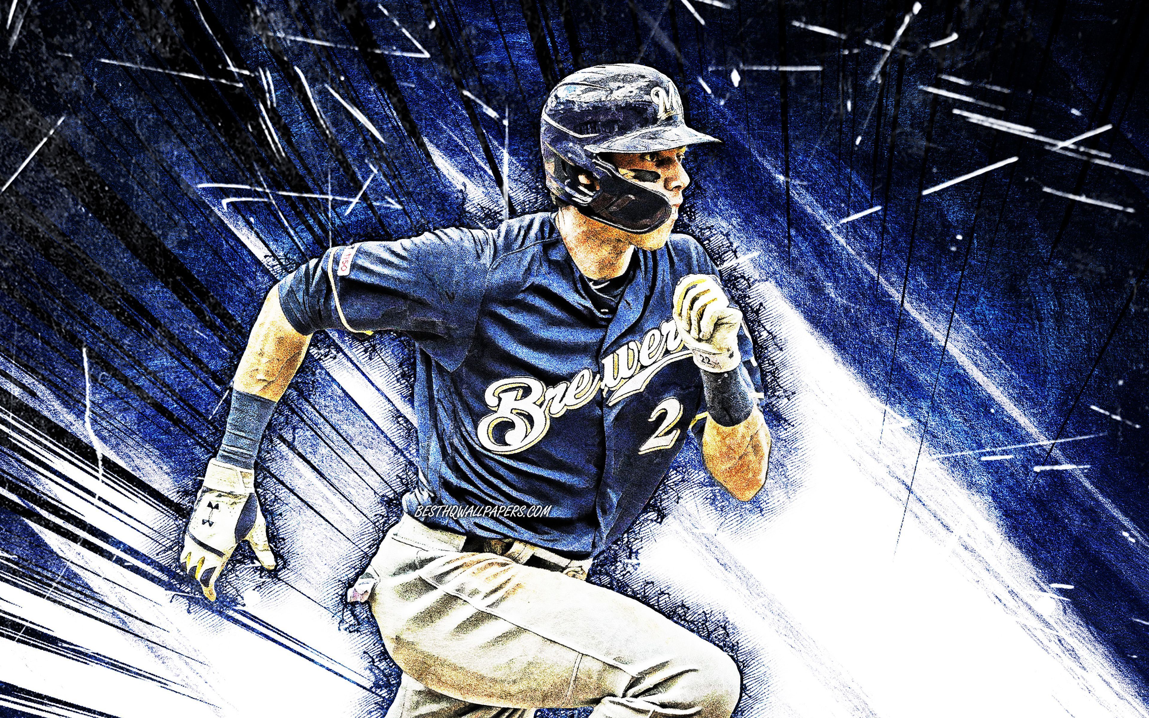 3840x2400 Download wallpaper 4k, Christian Yelich, grunge art, Milwaukee Brewers, MLB, outfielder, baseball, Christian Stephen Yelich, Major League Baseball, blue abstract rays, Christian Yelich Milwaukee Brewers, Christian Yelich 4K for desktop with resolution