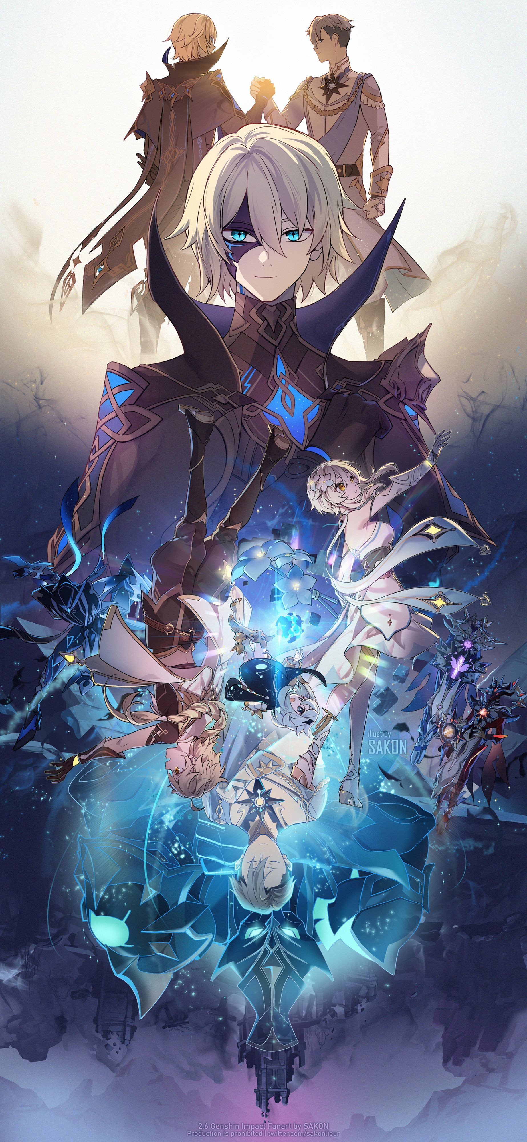 1847x4000 lumine, aether, paimon, dainsleif, abyss lector, and 3 more (genshin impact) drawn