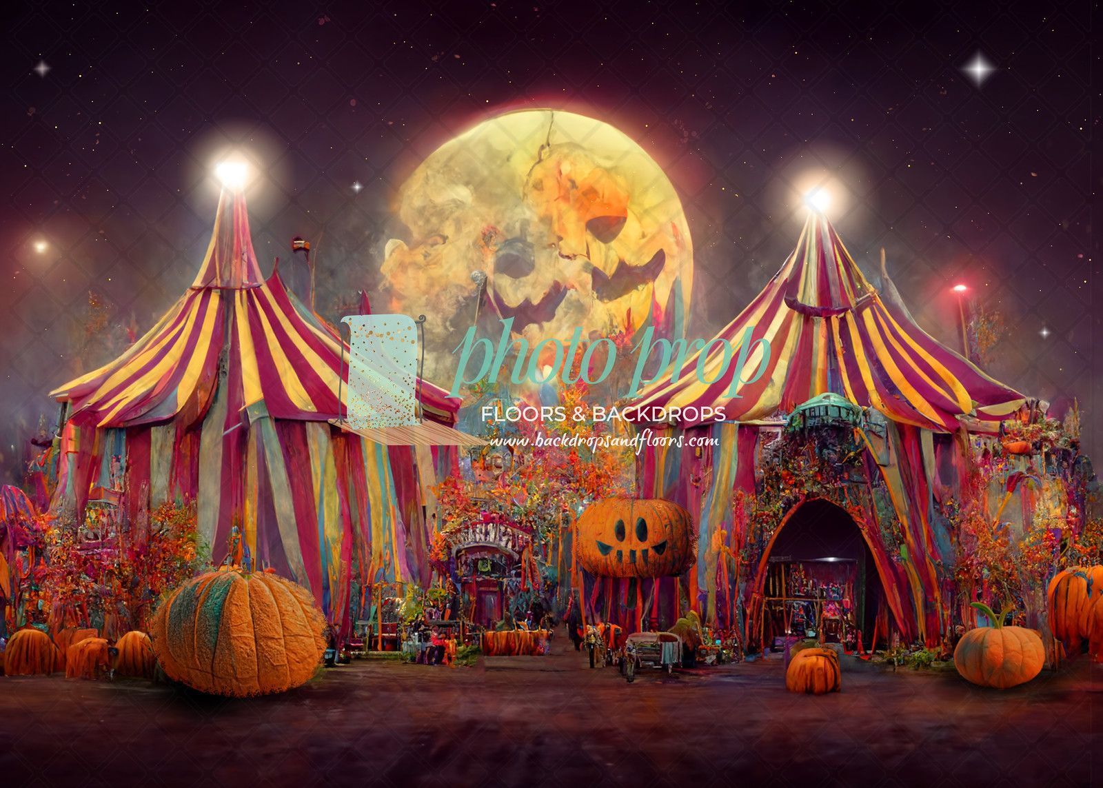 1600x1143 Spooky Circus Tents Photography Backdrop, Halloween, Pumpkins, Haunted, Moonlight, Creepy, trick, treat, Spooky, Moon, Scary, Fair, Carnival
