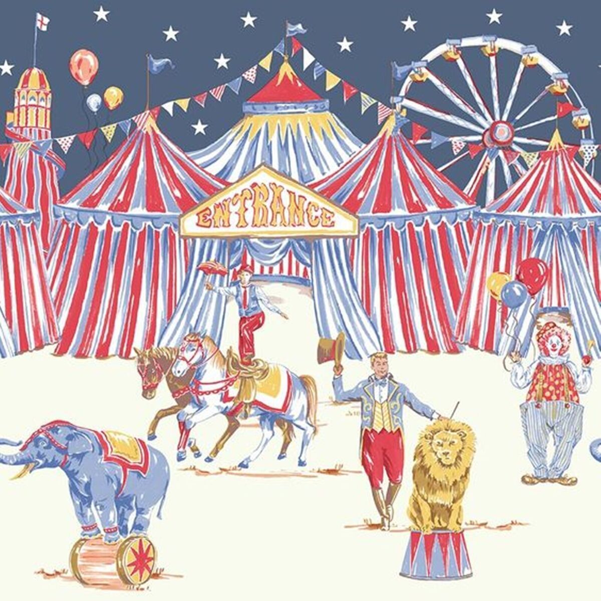 1200x1200 Arthouse Circus Fun Cream Red Blue Glitter Shimmer Kids Wallpaper Border Frieze 5050192696340
