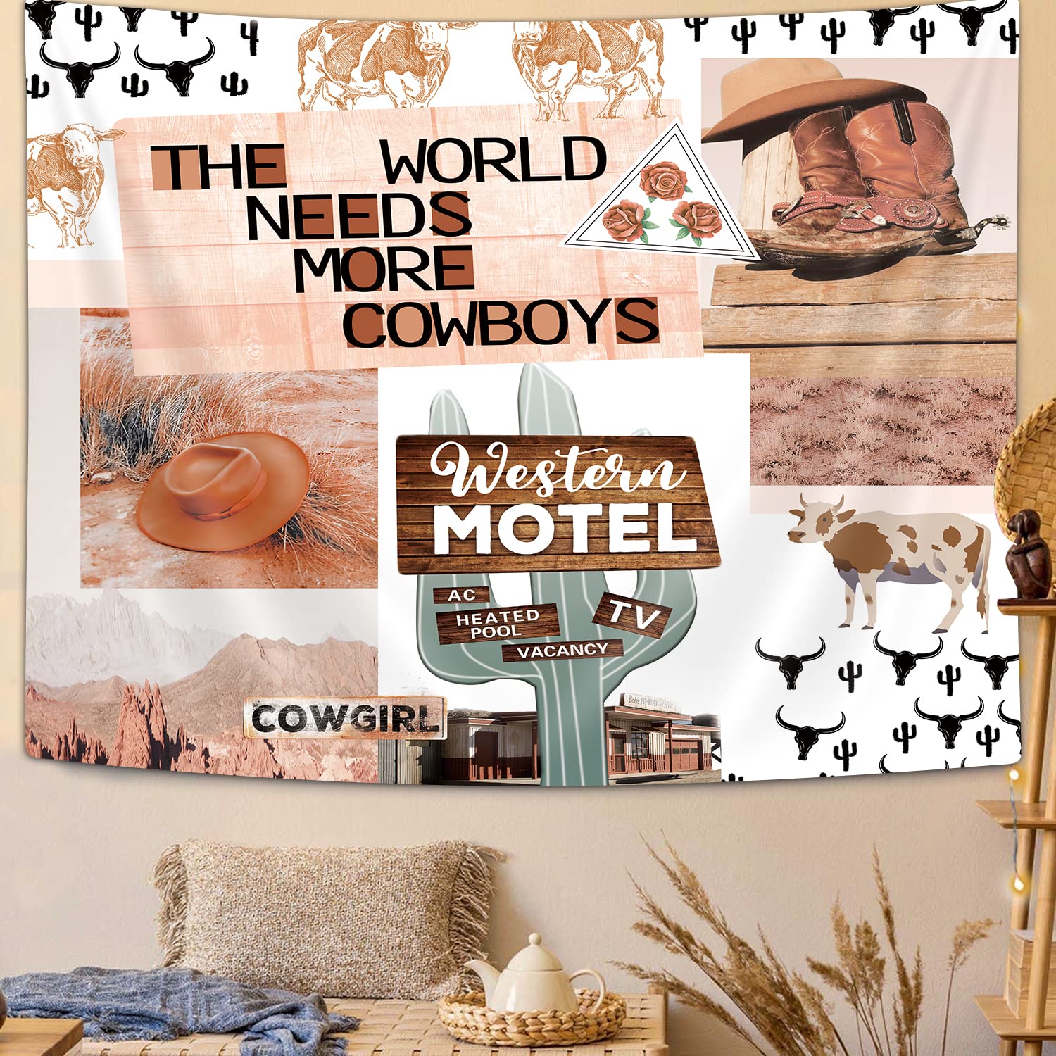 1500x1500 Boho Western Tapestry, Funny West Cowboy Hat Boots Desert Cactus Tapestries, Cute Pink Cowgirl Farm Animals Cow Farmhouse Tapestry Wall Hanging for Bedroom College Dorm Asthetic Home Decor, 60X40IN