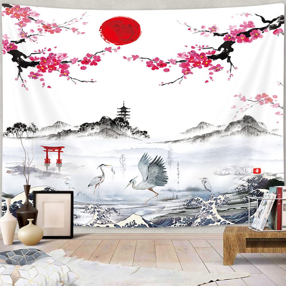 1002x1002 Japanese Decor Tapestry, Asian Anime Tapestry, Mount Fuji Cherry Blossoms Sakura Flower Tapestry Wall Hanging for Bedroom, Black and White Tapestry for Living Room Dorm Decor, 60X40in Small Tapestry
