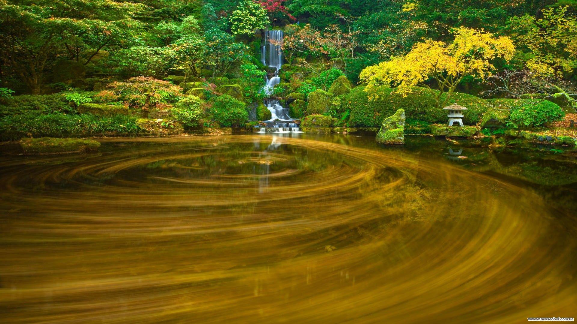 1920x1080 Waterfalls: Portland Waterfall Autumn Movement Japanese Garden Pond