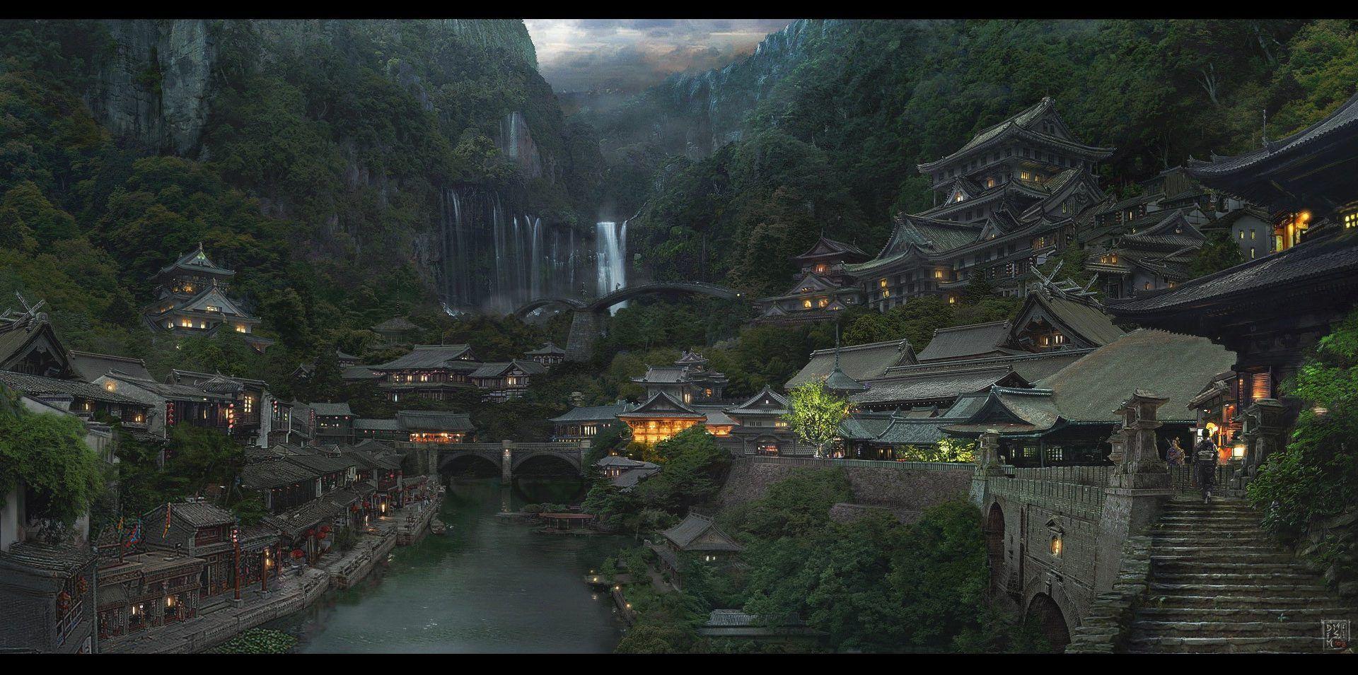 1920x955 Other: Japanese Village Evening Mountain Waterfall Best Wallpaper