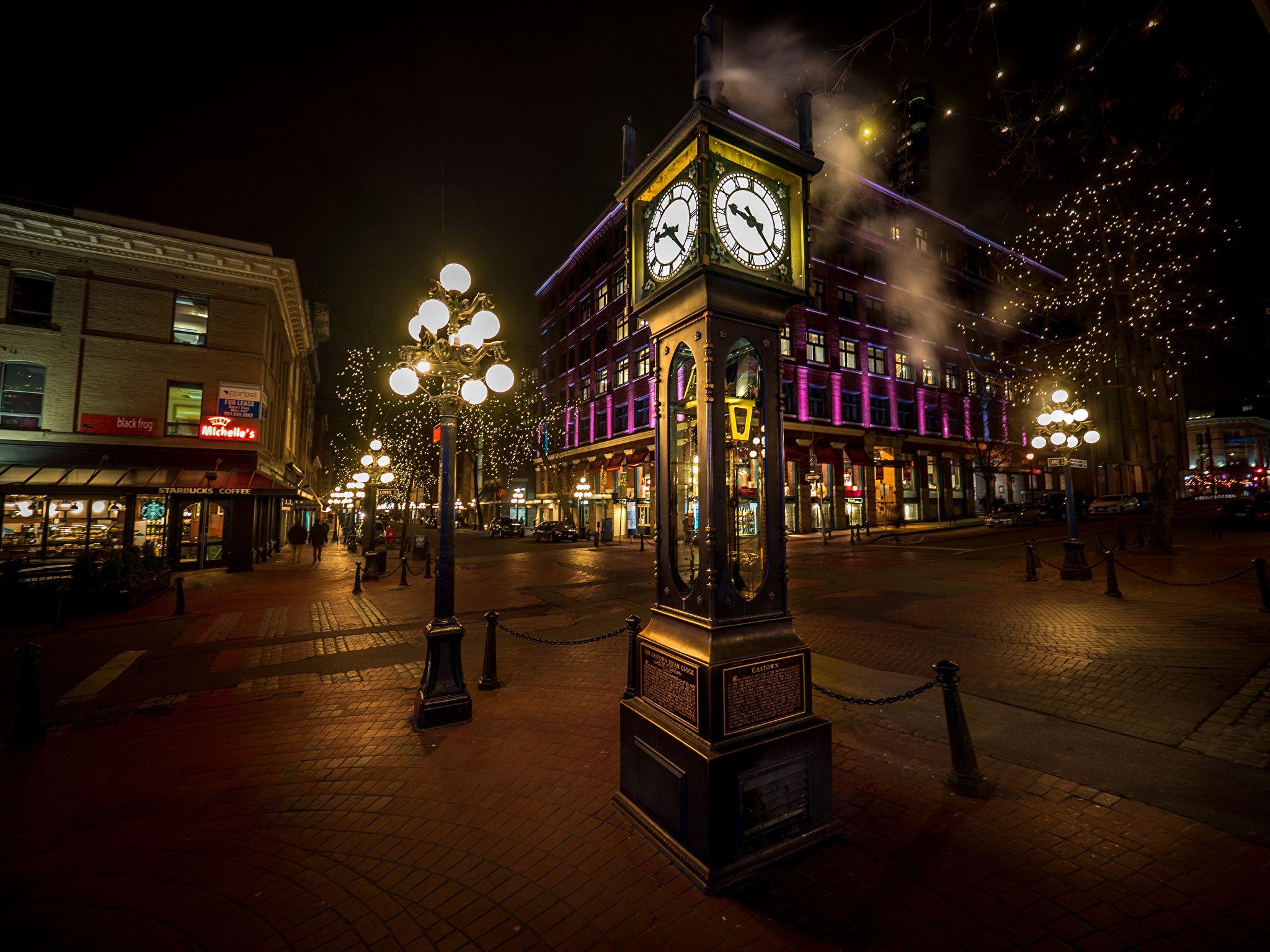 2048x1536 Photo Vancouver Canada Clock Street Night Street lights 2048x1536