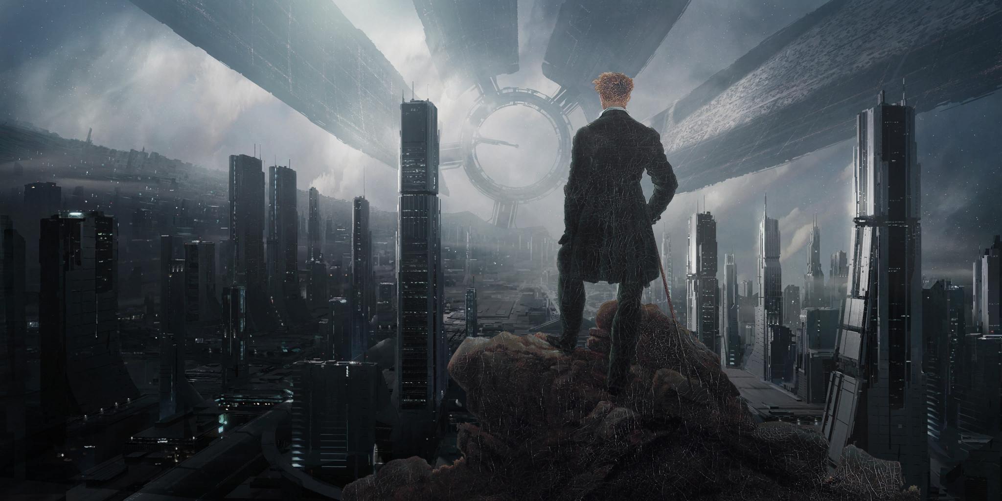 2048x1024 Beautiful mashup wallpaper. Citadel view + Wanderer Above the Sea of Fog