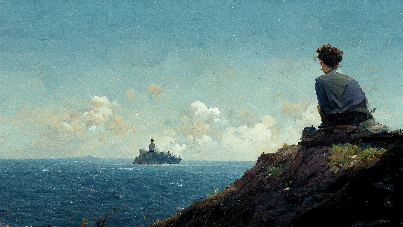 1366x768 prompthunt: a young man sitting on a mountain top and watching a warship in the sea 7