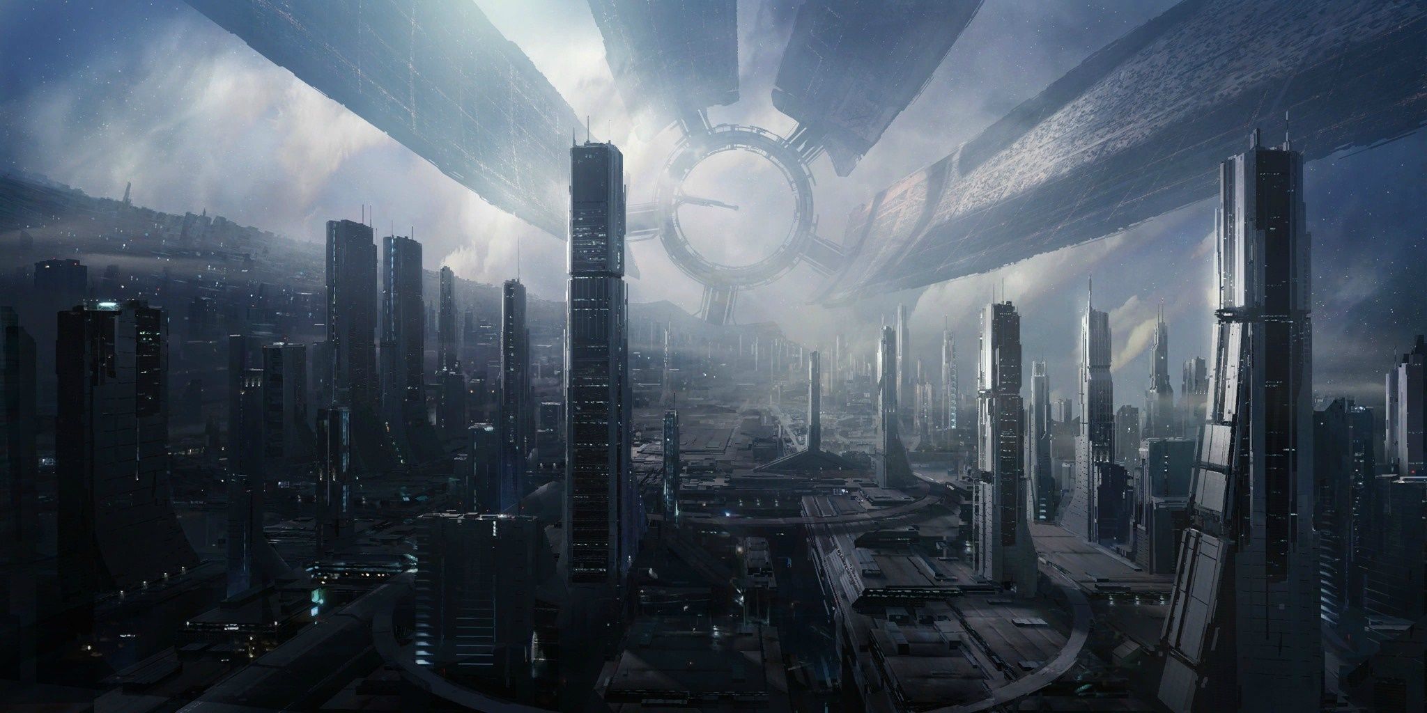 2048x1024 Mass Effect, cityscape, skyline, skyscraper, space station, metropolis, mash ups, fog, weather, darkness, screenshot, atmospheric phenomenon, computer wallpaper, atmosphere of earth, pc game Gallery HD Wallpaper
