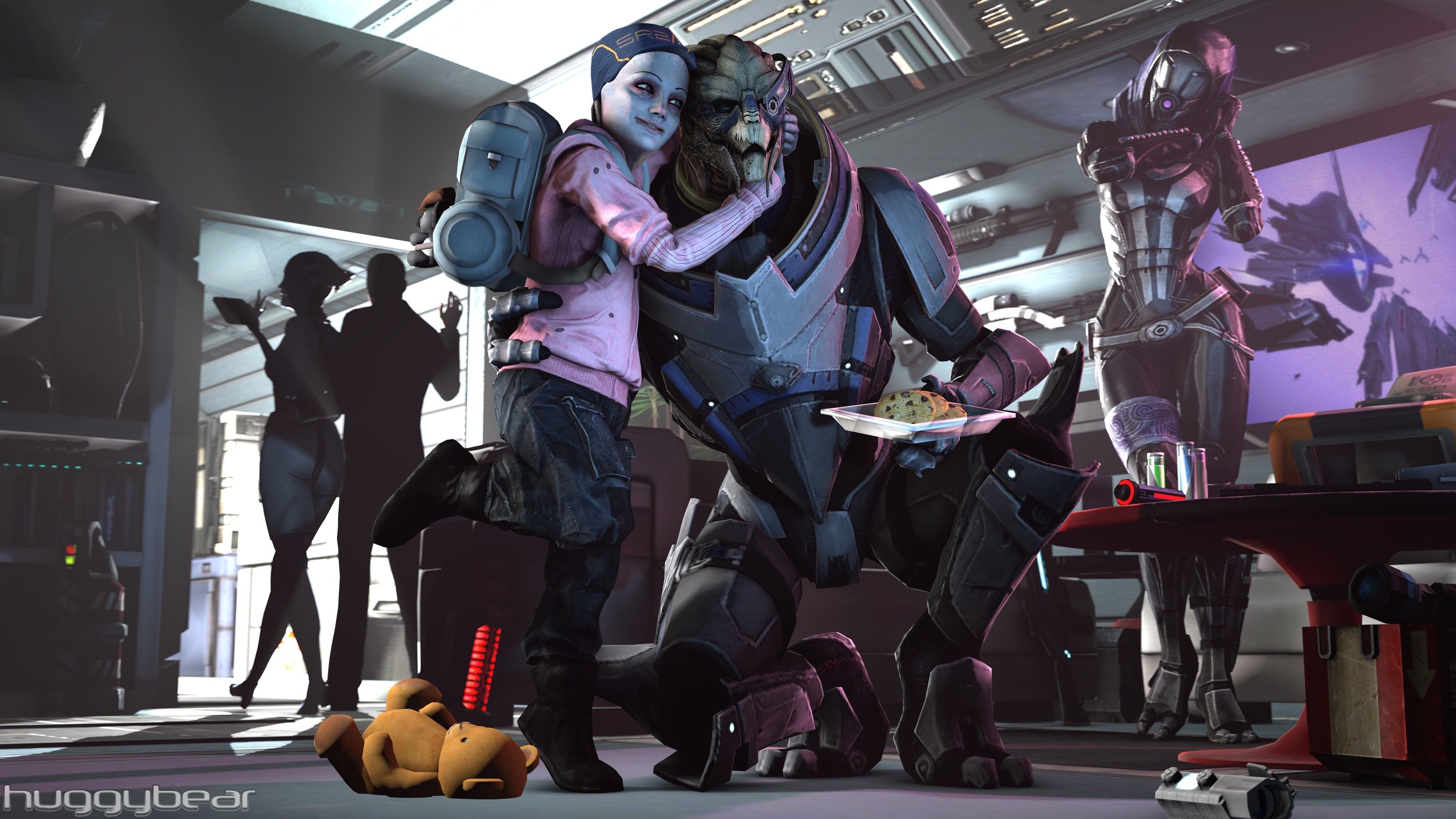 3414x1920 liara soni garrus vakarian talizorah john shepard mass effect asari huggybear wallpaper