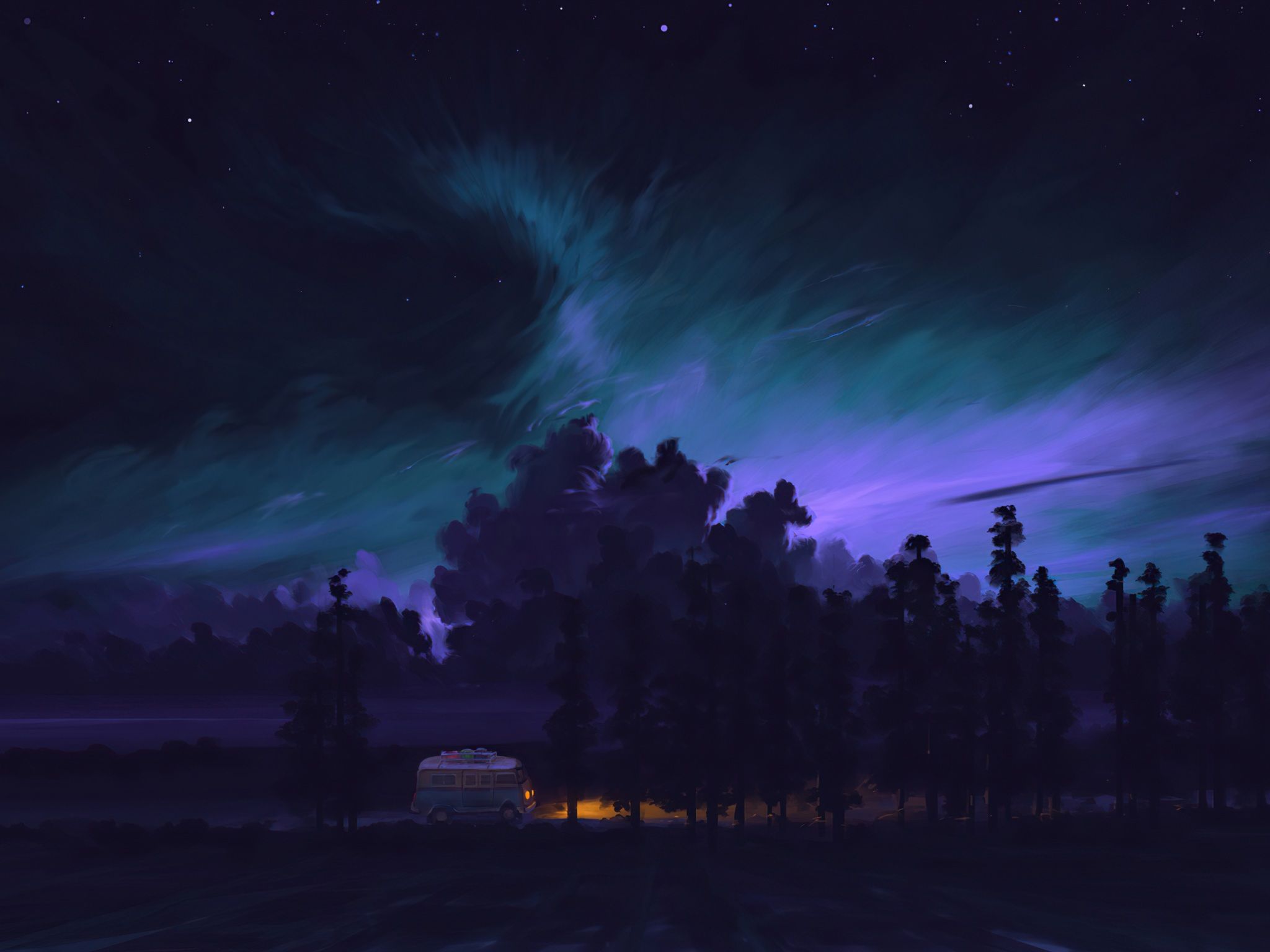 2048x1536 Wallpaper 4k Long Night Drive Camping Van 4k Wallpaper