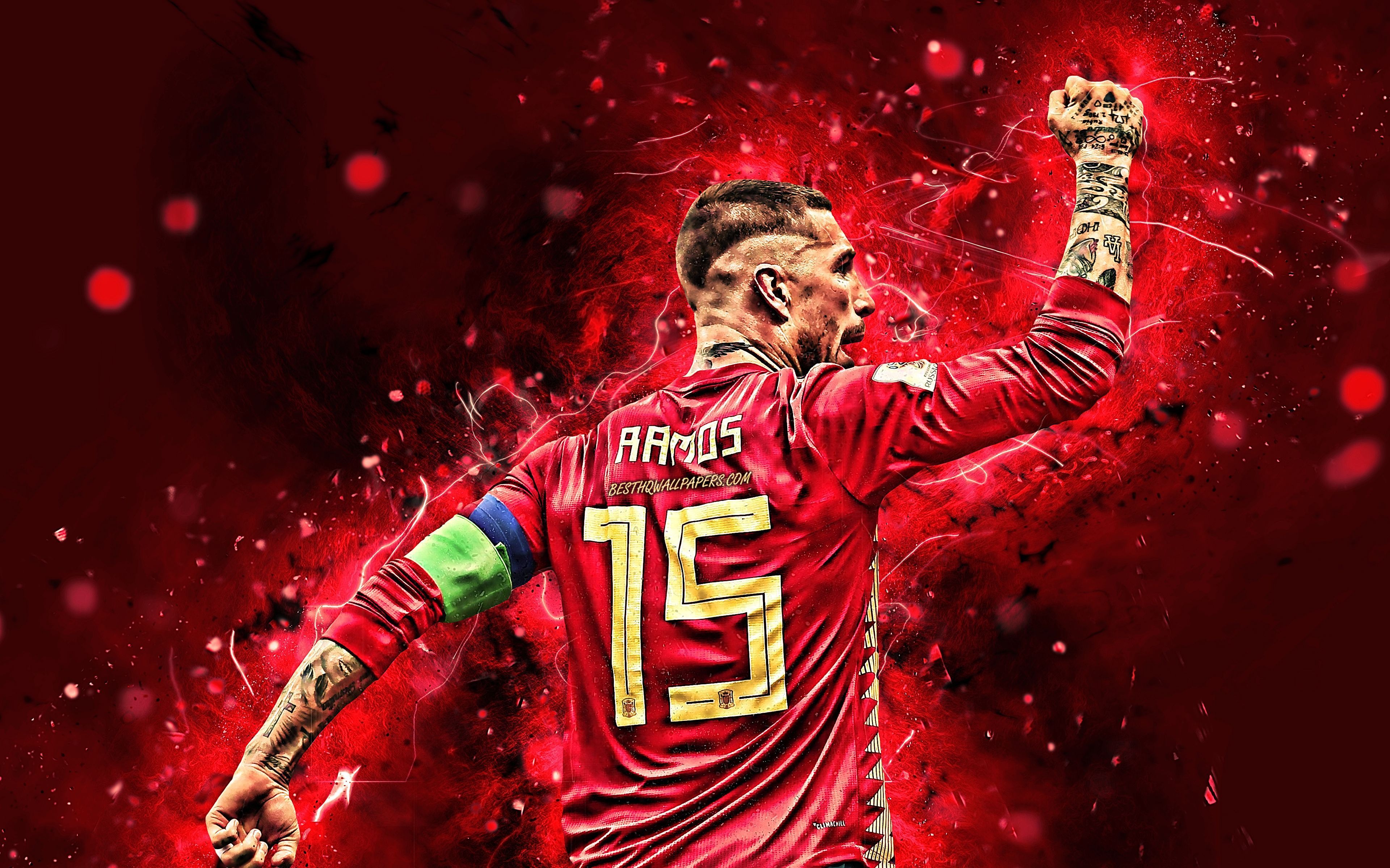 3840x2400 Download wallpaper 4k, Sergio Ramos, back view, Spain National Team, football stars, fan art, Sergio Ramos Garcia, soccer, neon lights, Spanish football team for desktop with resolution 3840x2400. High Quality HD picture