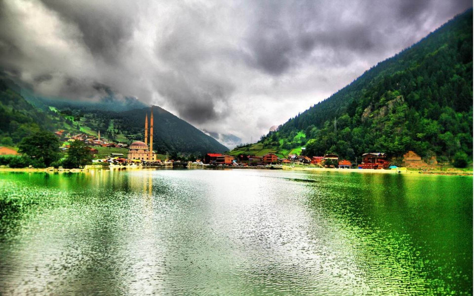 1920x1200 Wallpaper / mosque, 1080P, town, hdr, lake, mountains, uzungol, turkey, nature and landscapes free download