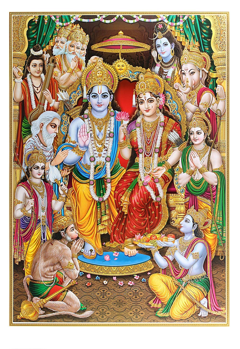 1000x1451 Vintage Golden Zari Art Work Photo Of Ram Darbar Without Frame Poster Big (24 X 36 Inches) Religious Decor: Posters & Prints