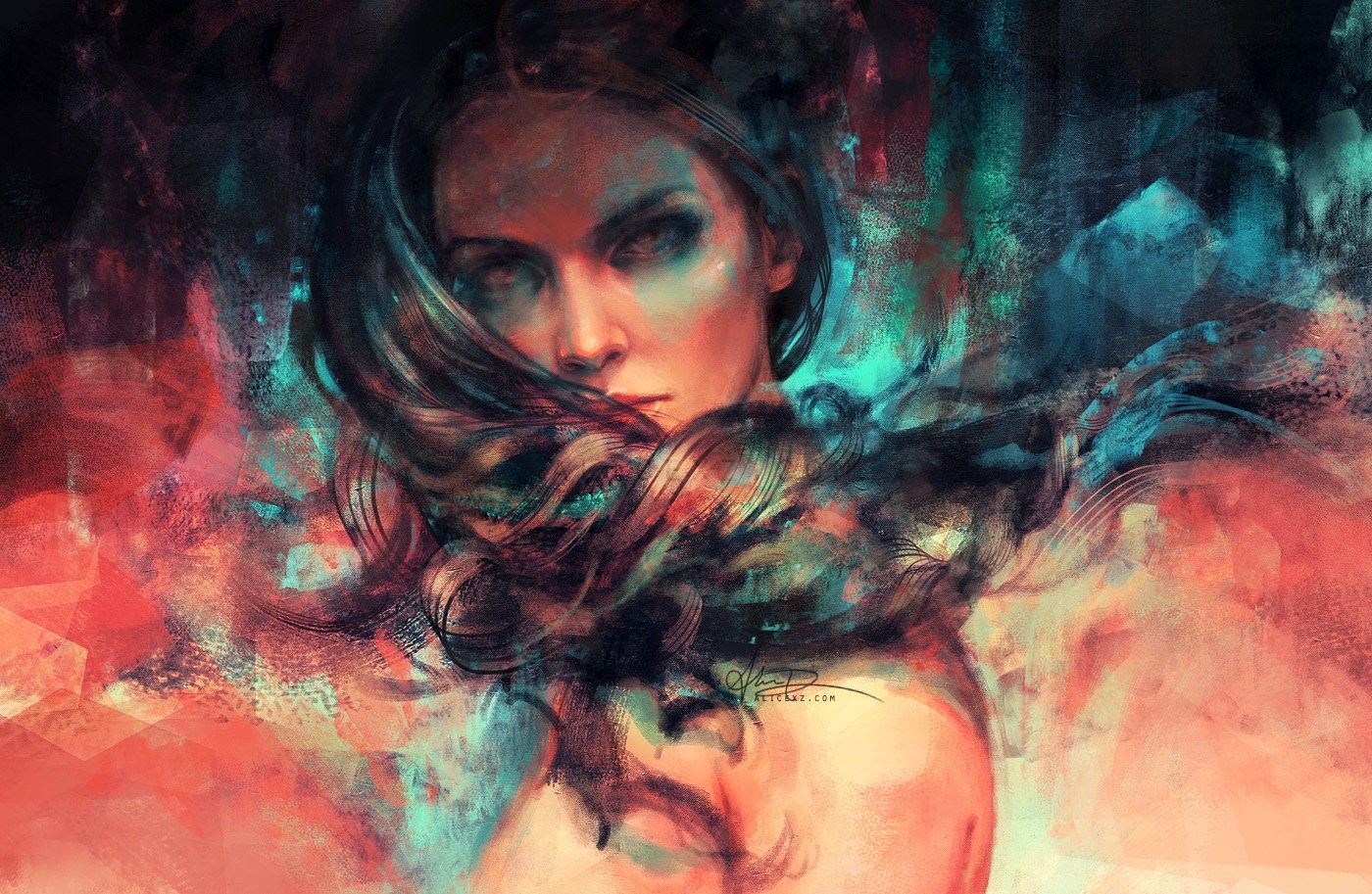 1400x913 painting, women, long hair, artwork, alicexz, ART, color, computer wallpaper, special effects Gallery HD Wallpaper