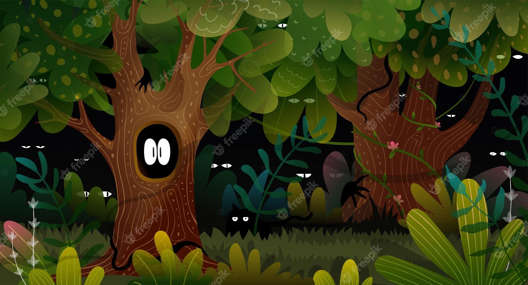 2000x1079 Premium Vector. Mysterious spooky forest landscape at night, shiny eyes in the darkness. scary dark nighttime scene in woods, fairy tale cartoon for children. mystery forest at night vector wallpaper