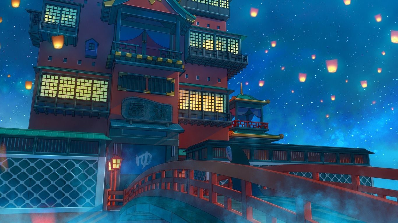 1366x768 Wallpaper / Asia, night, artwork, building, Spirited Away free download