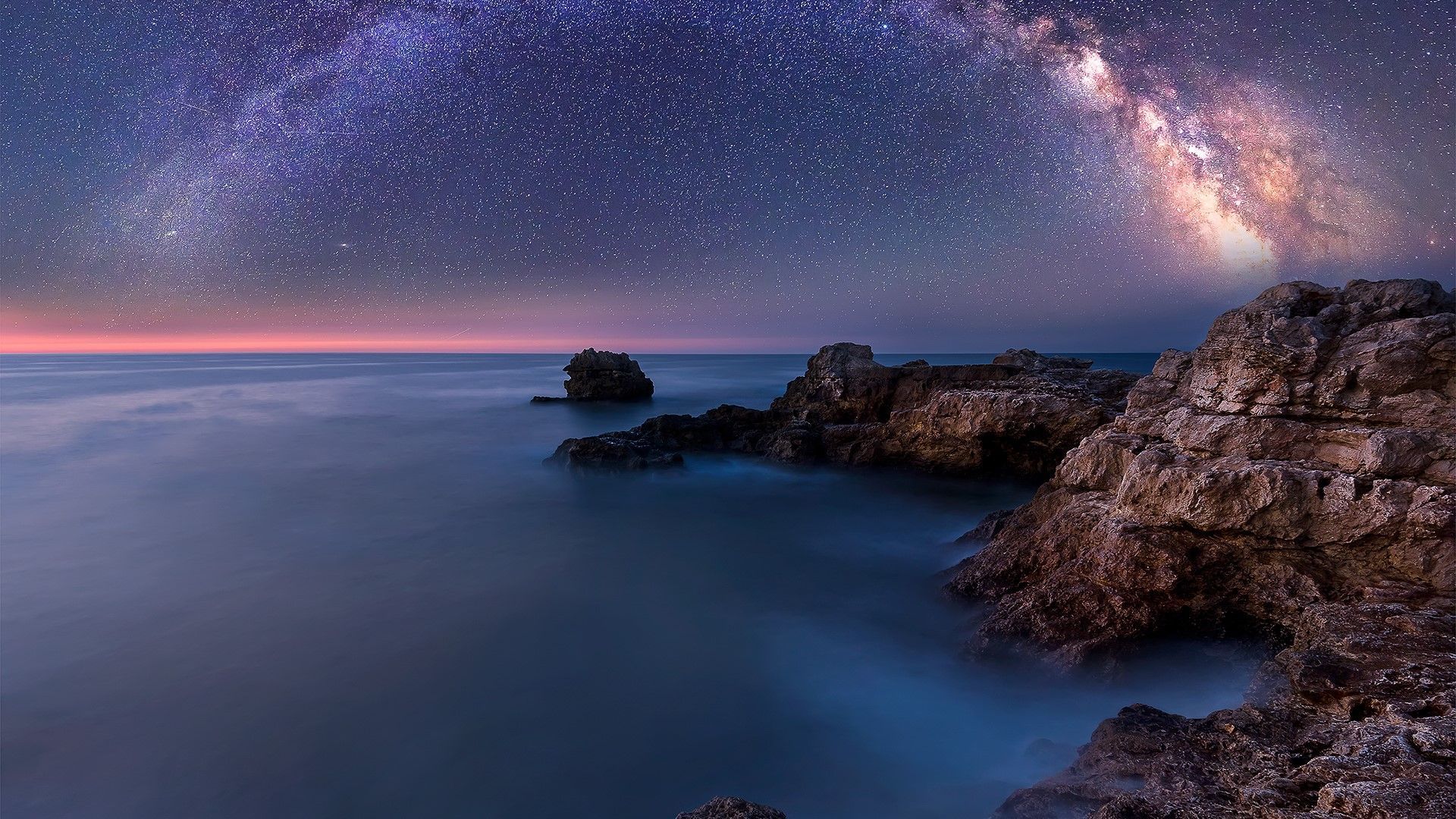 1920x1080 Wallpaper / horizon, rocks, water, sea, stars, night, long exposure, Milky Way, nature, Black Sea, Bulgaria, galaxy free download