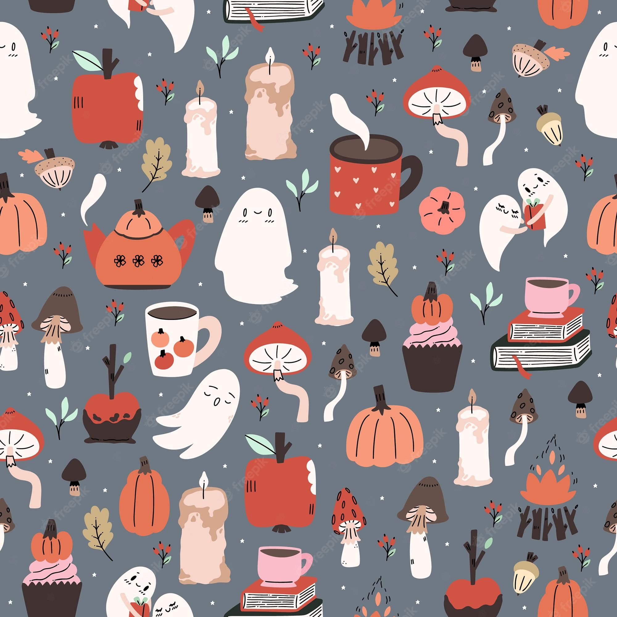 2000x2000 Premium Vector. Cute illustrated halloween pattern. seamleass repeated background. wallpaper, fabric, scrapbook paper design